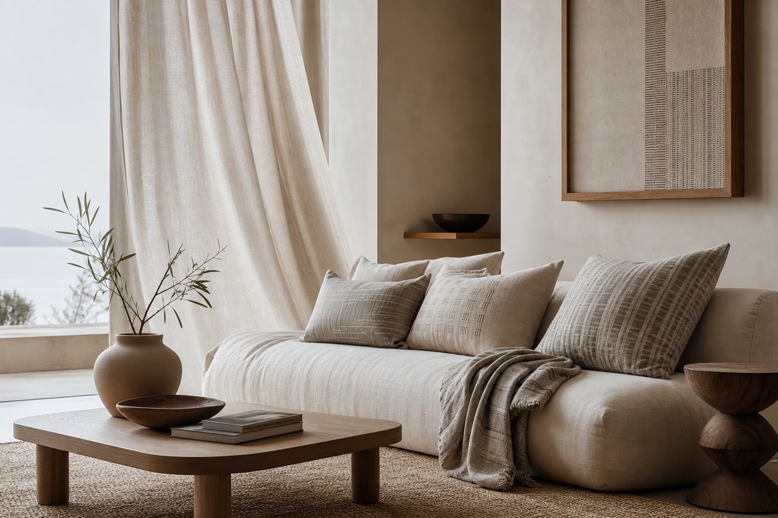 Editorial interior scene with linen drapery and textured cushions in soft ivory and stone tones