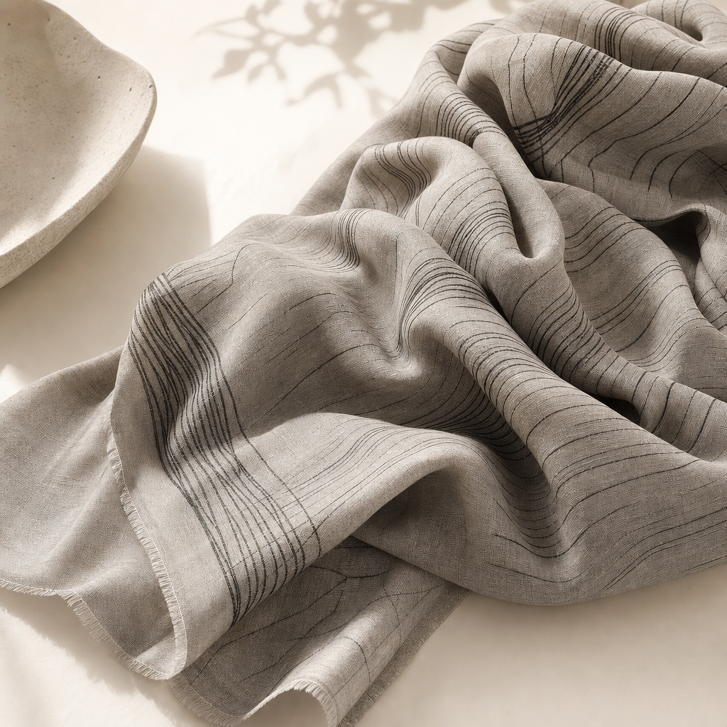 Flowing scarf fabric in muted stone grey with fine charcoal lines, arranged in gentle folds on an ivory surface