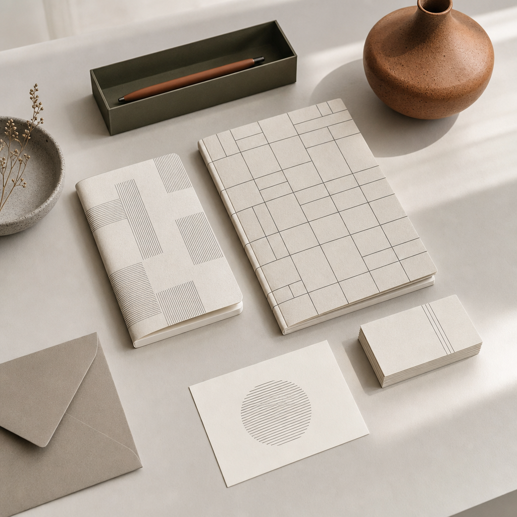 Stationery suite with minimalist notebooks and cards featuring subtle grid patterns