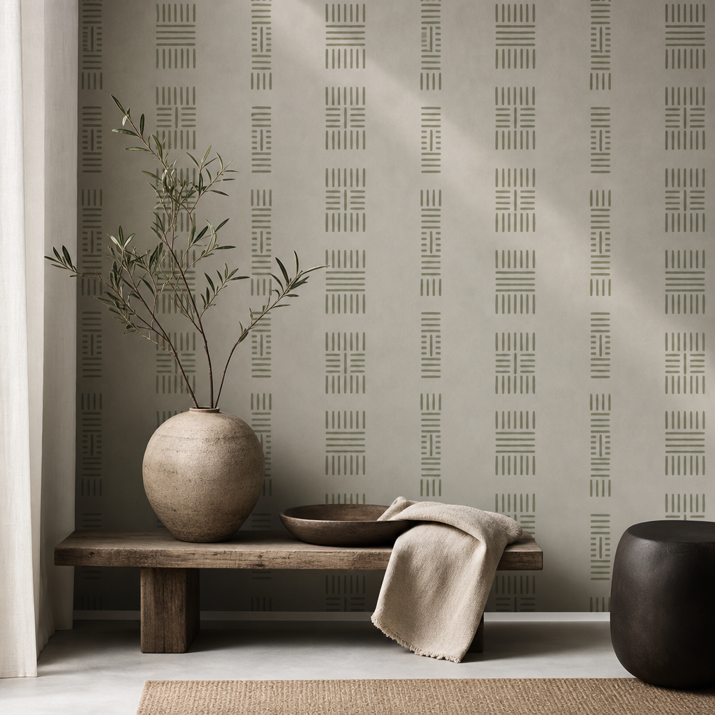 Minimal wall surface with a soft olive geometric pattern, paired with a stone-grey backdrop and diffuse natural light