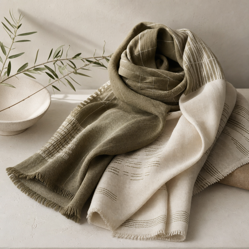 Soft woven wearables in olive and ivory hues folded with refined edges