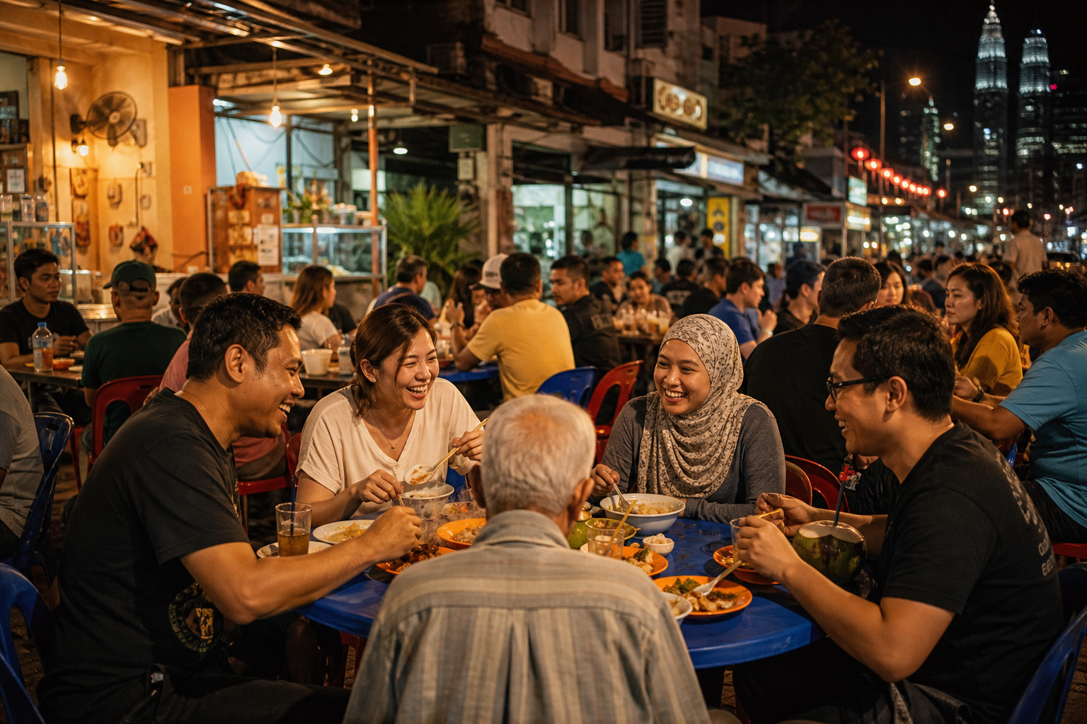Night street-food gathering in Kuala Lumpur with shared plastic tables, warm shop lights, and diverse diners smiling over bowls and plates