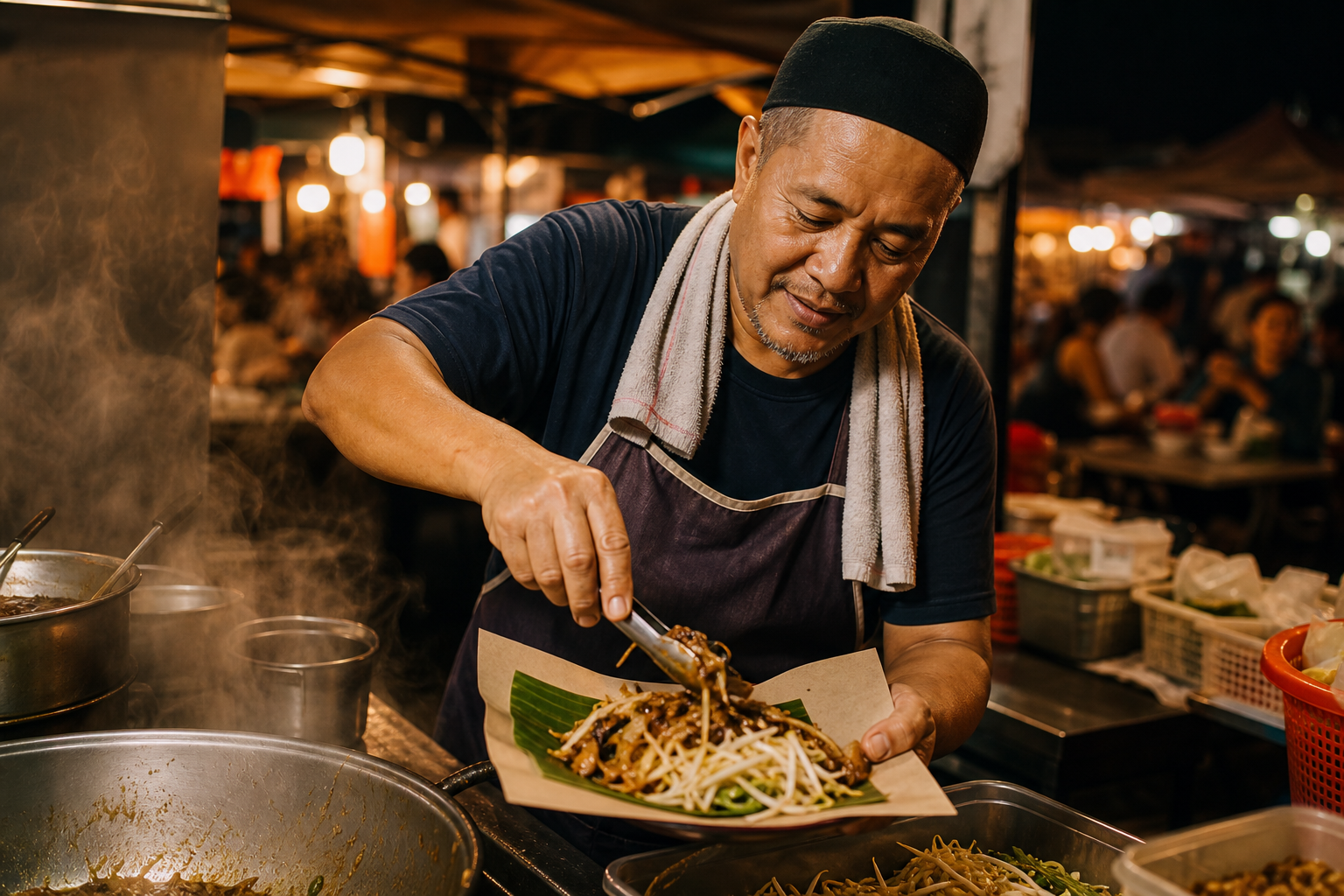 Intimate editorial portrait of a Kuala Lumpur street-food vendor plating a dish under warm market lights