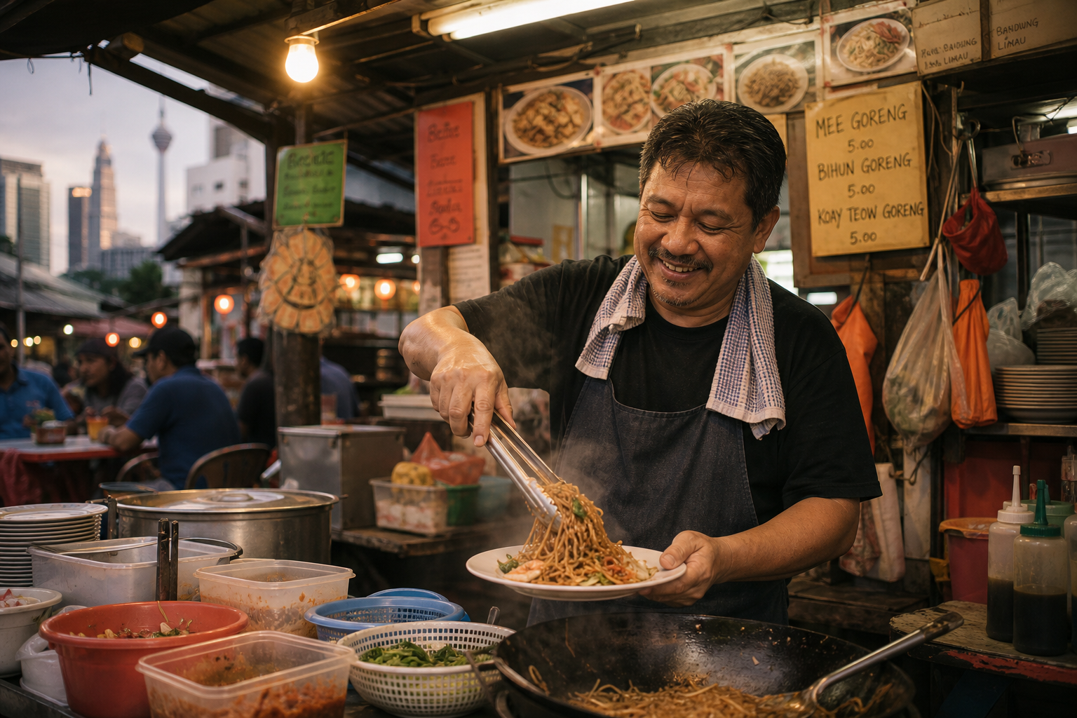 Warm editorial photo of a Kuala Lumpur street-food stall with a middle-aged vendor smiling while plating noodles, steam rising under soft evening light