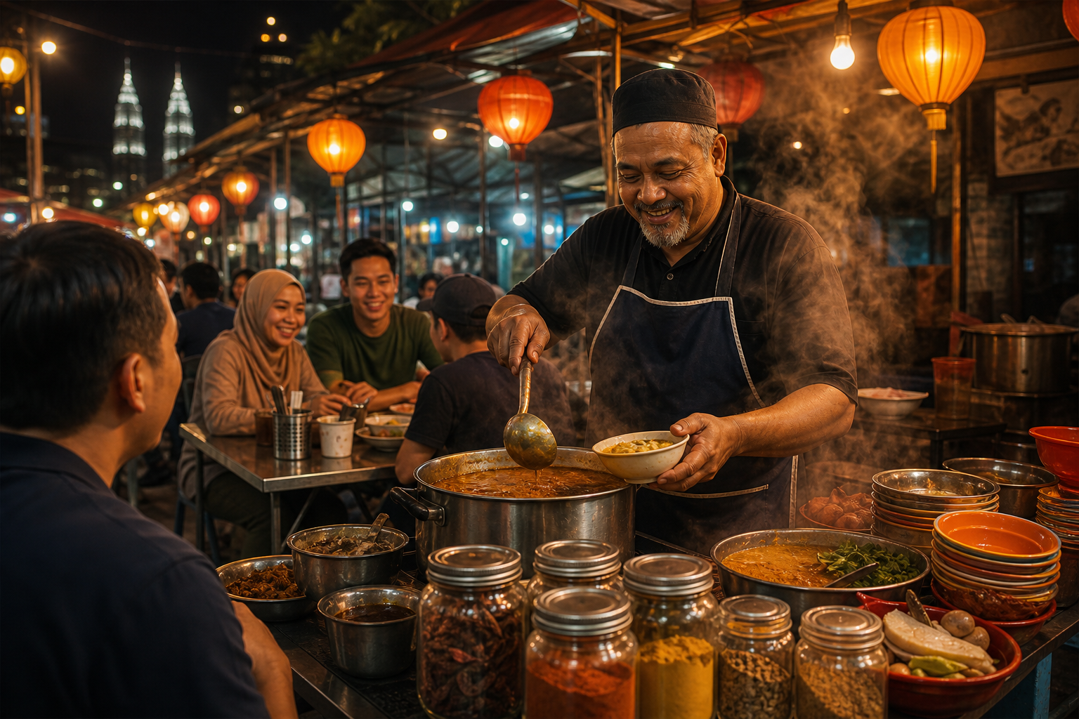 A warm night market stall in Kuala Lumpur with a smiling vendor ladling steaming curry, glowing lanterns, and customers gathered around metal tables.
