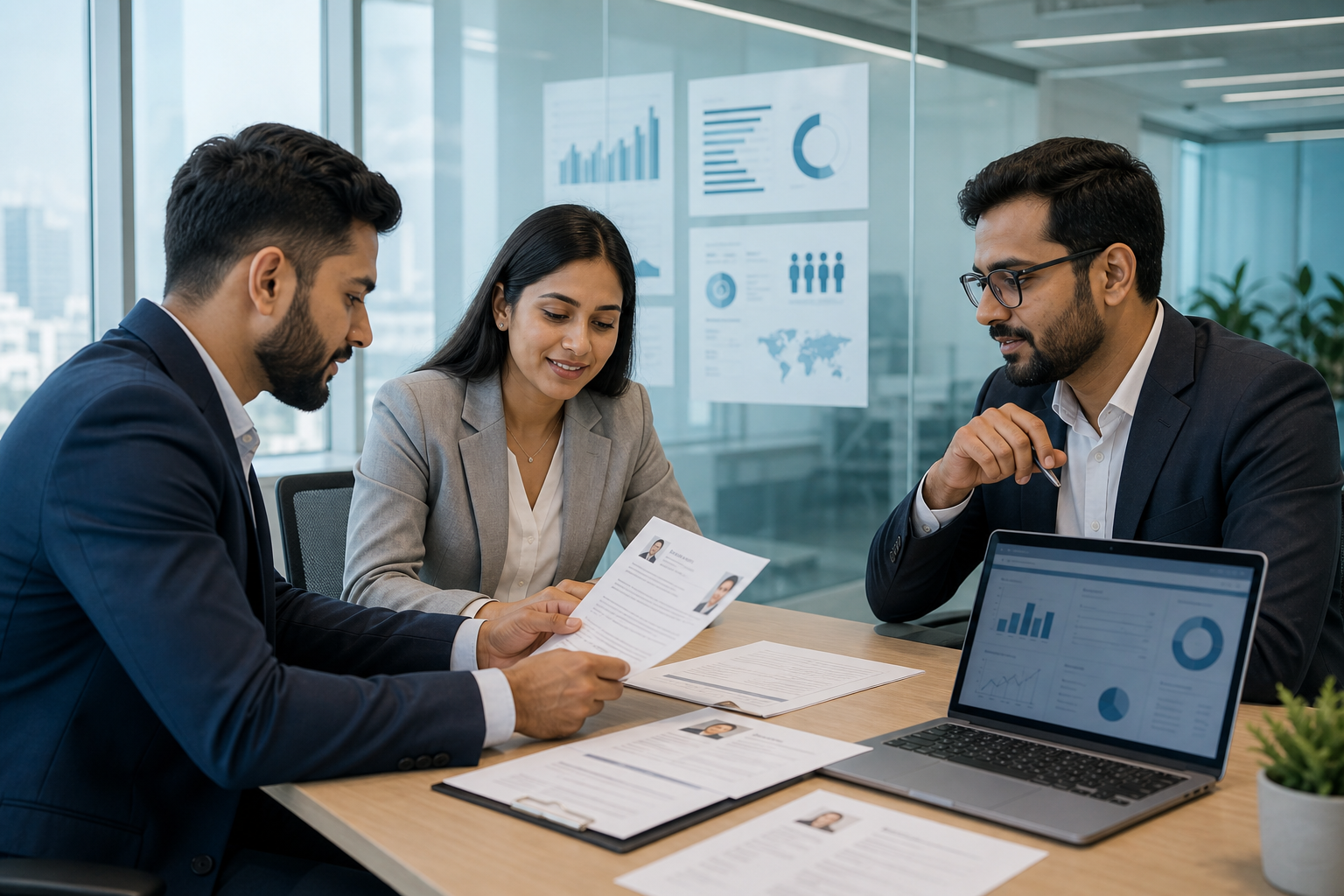 Professional recruiters and business leaders reviewing candidate profiles and workforce plans in a modern office