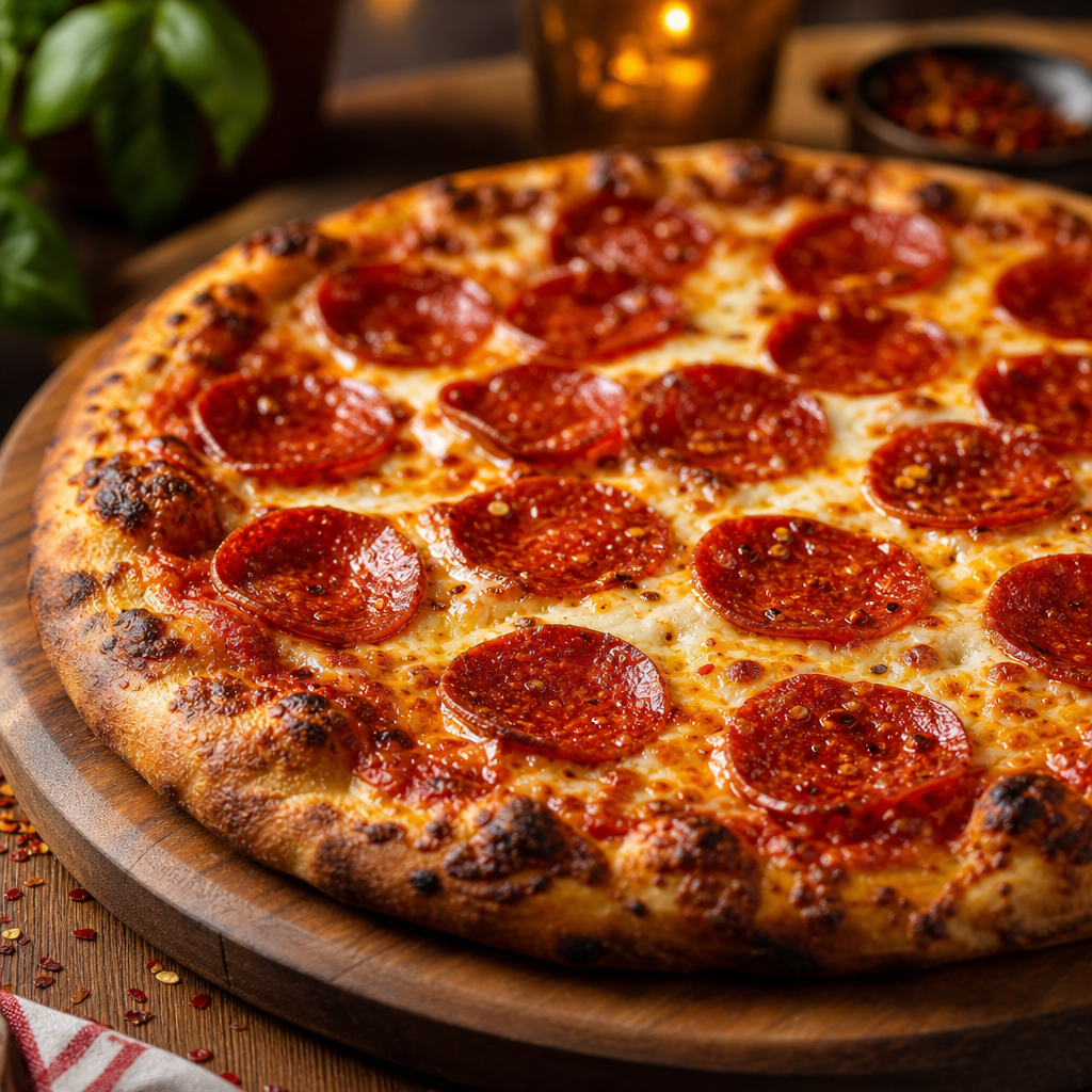 Hearty pizza layered with spicy pepperoni and melted cheese
