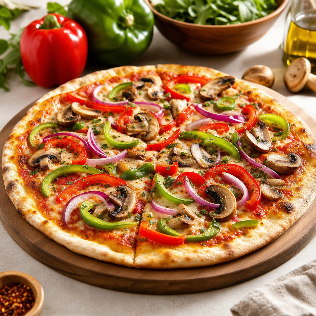 Garden-style pizza topped with bell peppers, red onion, mushrooms, and fresh greens