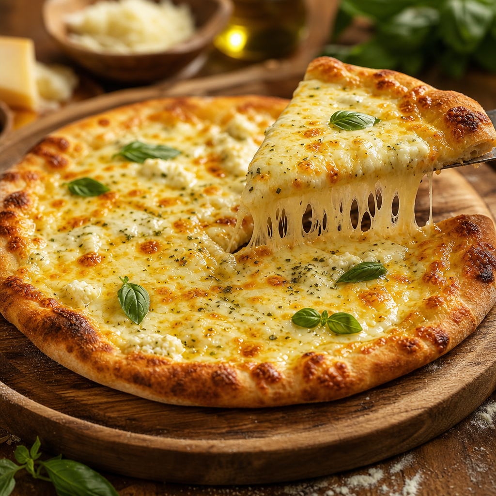 Four-cheese pizza with golden, stretchy cheese and toasted basil on top