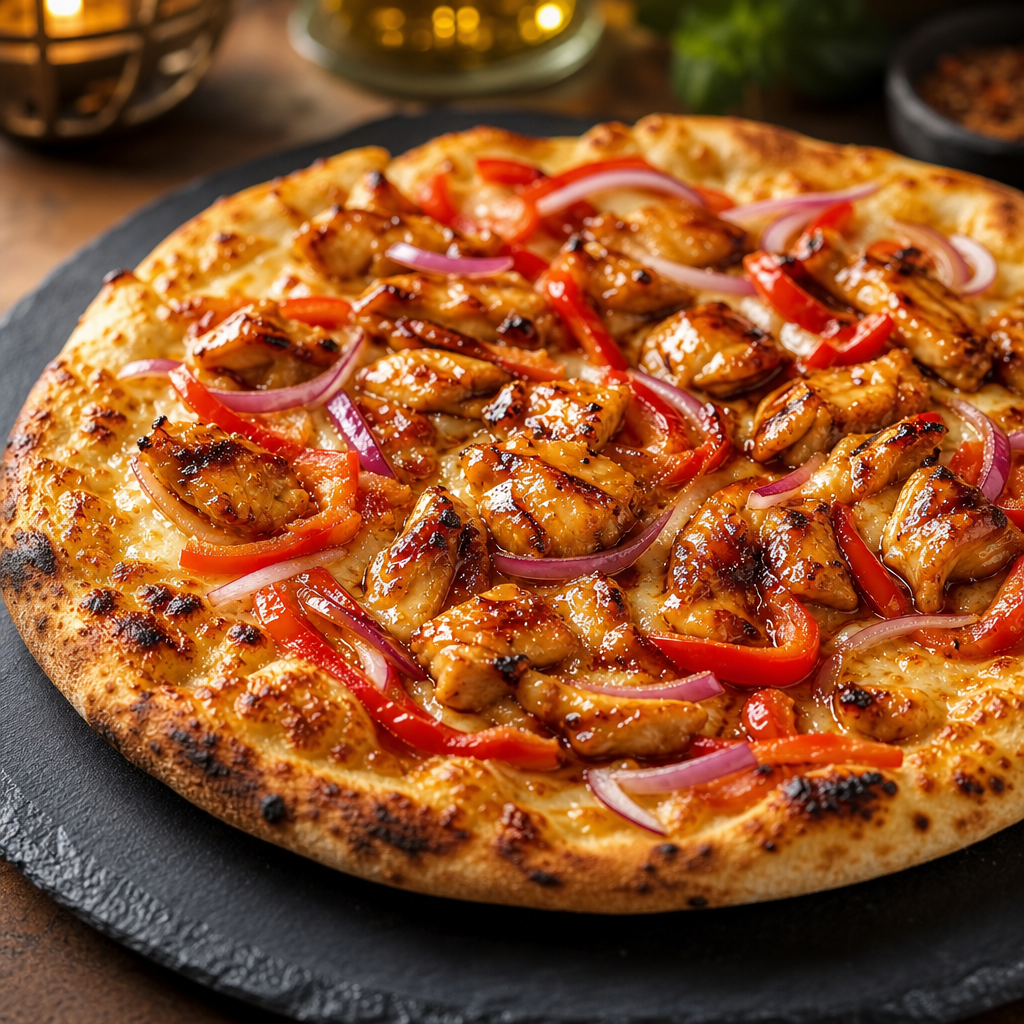 Honey-glazed fire-grilled chicken pizza with charred chicken, red peppers, and onions