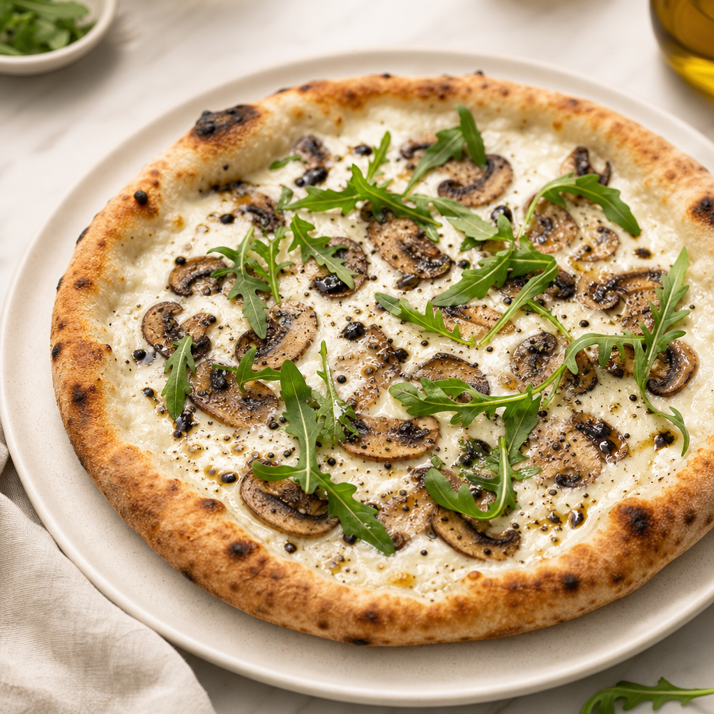 Truffle mushroom white pizza with creamy sauce, mushrooms, and arugula