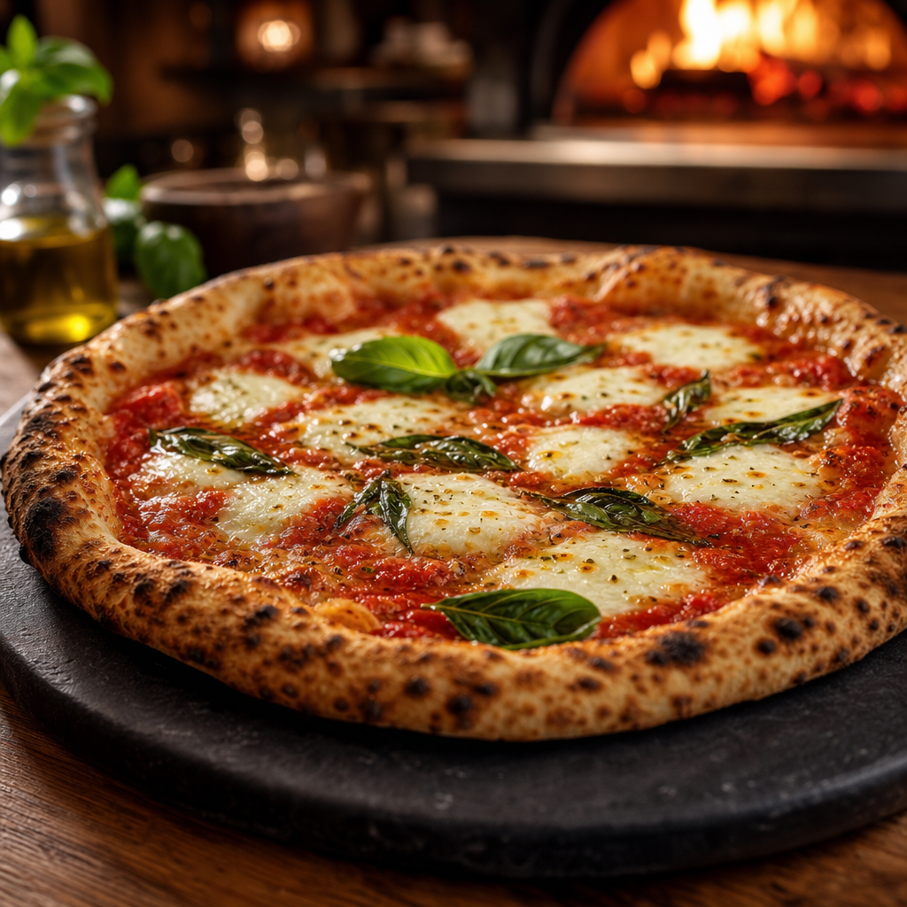 Wood-fired classic pizza with golden crust, tomato sauce, and melted cheese