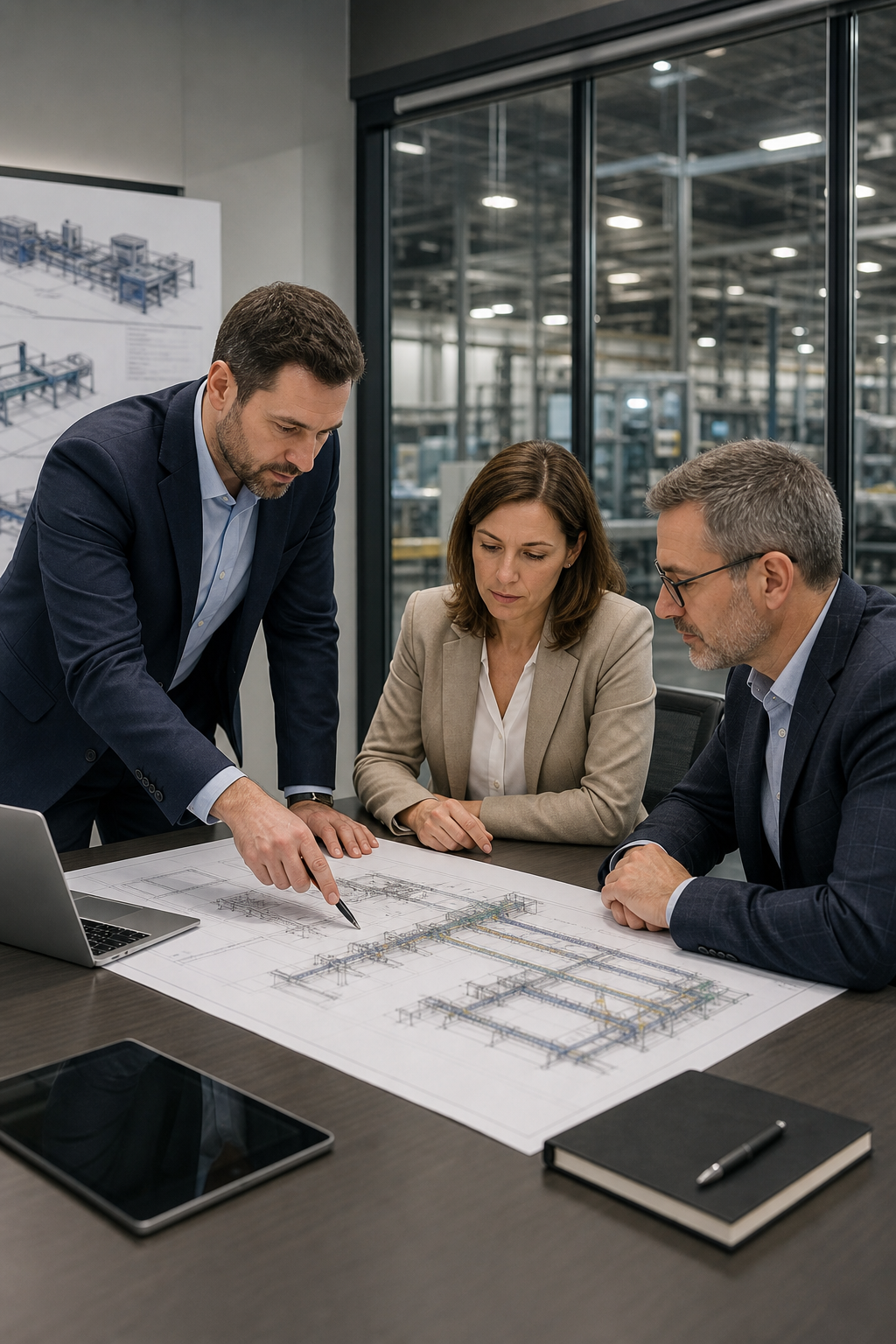 West Nova Line Systems operations leaders reviewing industrial line system plans in a modern U.S. facility meeting room