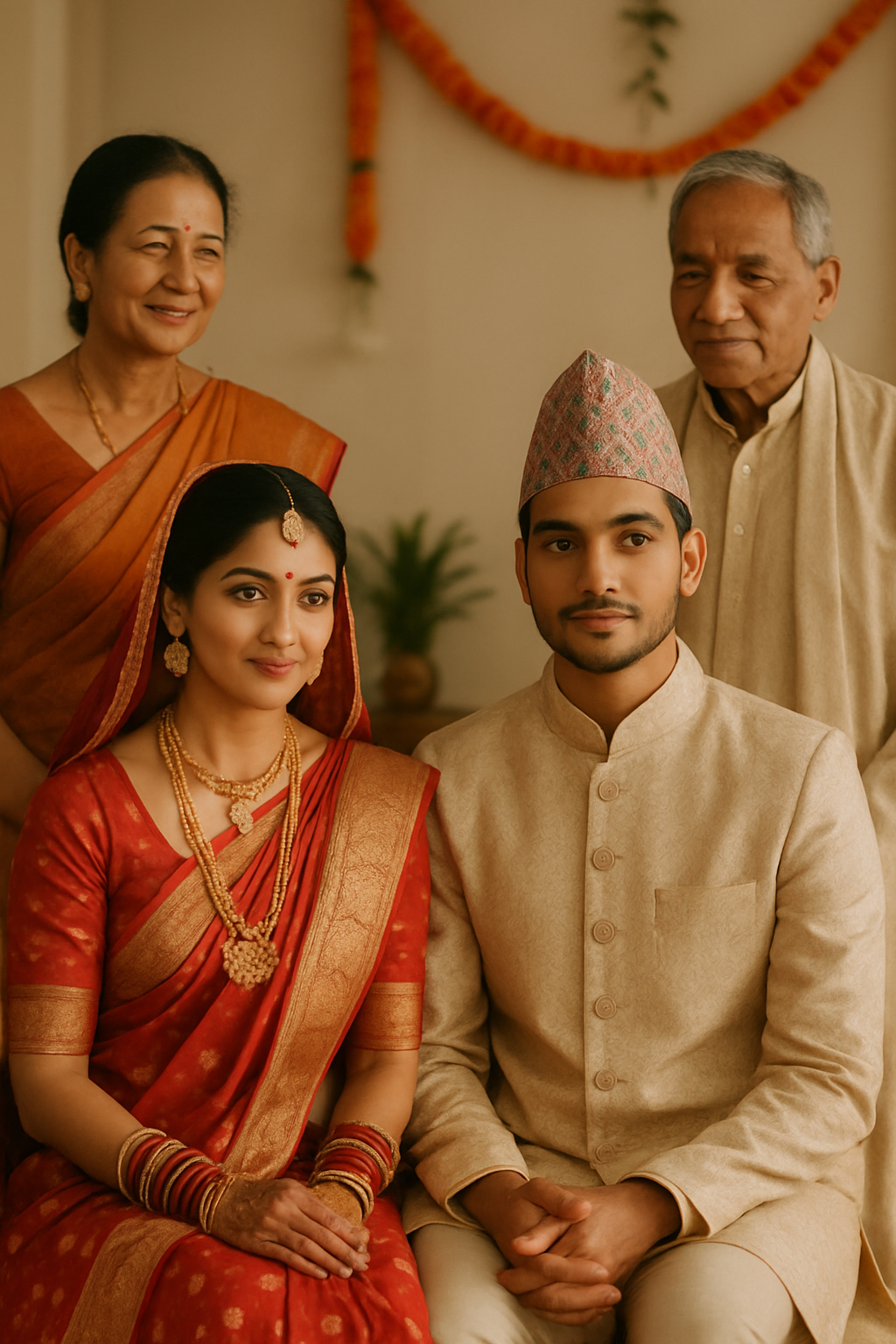 South Asian couple with family during a calm wedding ceremony moment, dressed in traditional attire