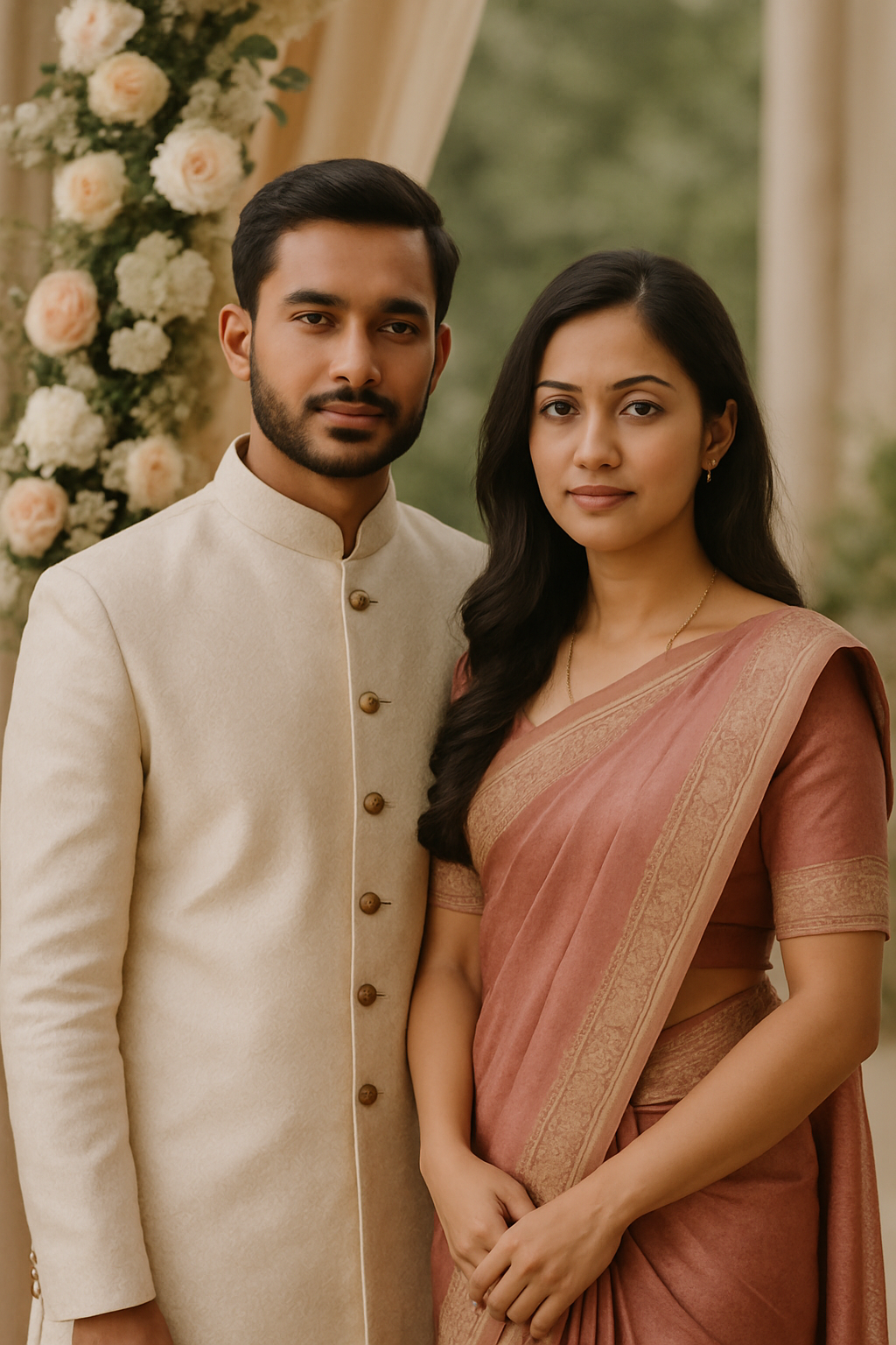 Well-dressed South Asian couple sharing a calm wedding-adjacent moment with subtle mandap decor