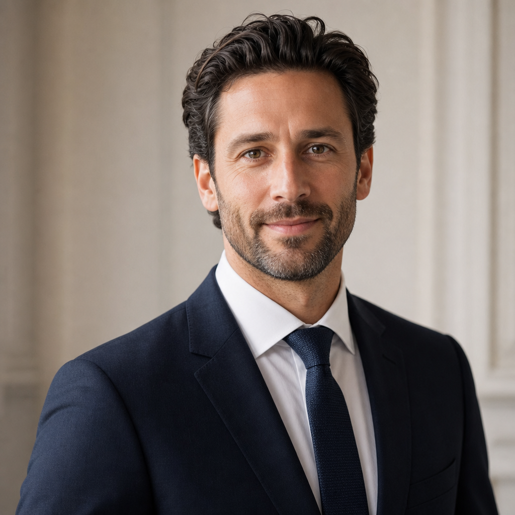 Portrait professionnel de DERROITTE Jean-François, associé de F&M Associés, tenue élégante et expression accueillante