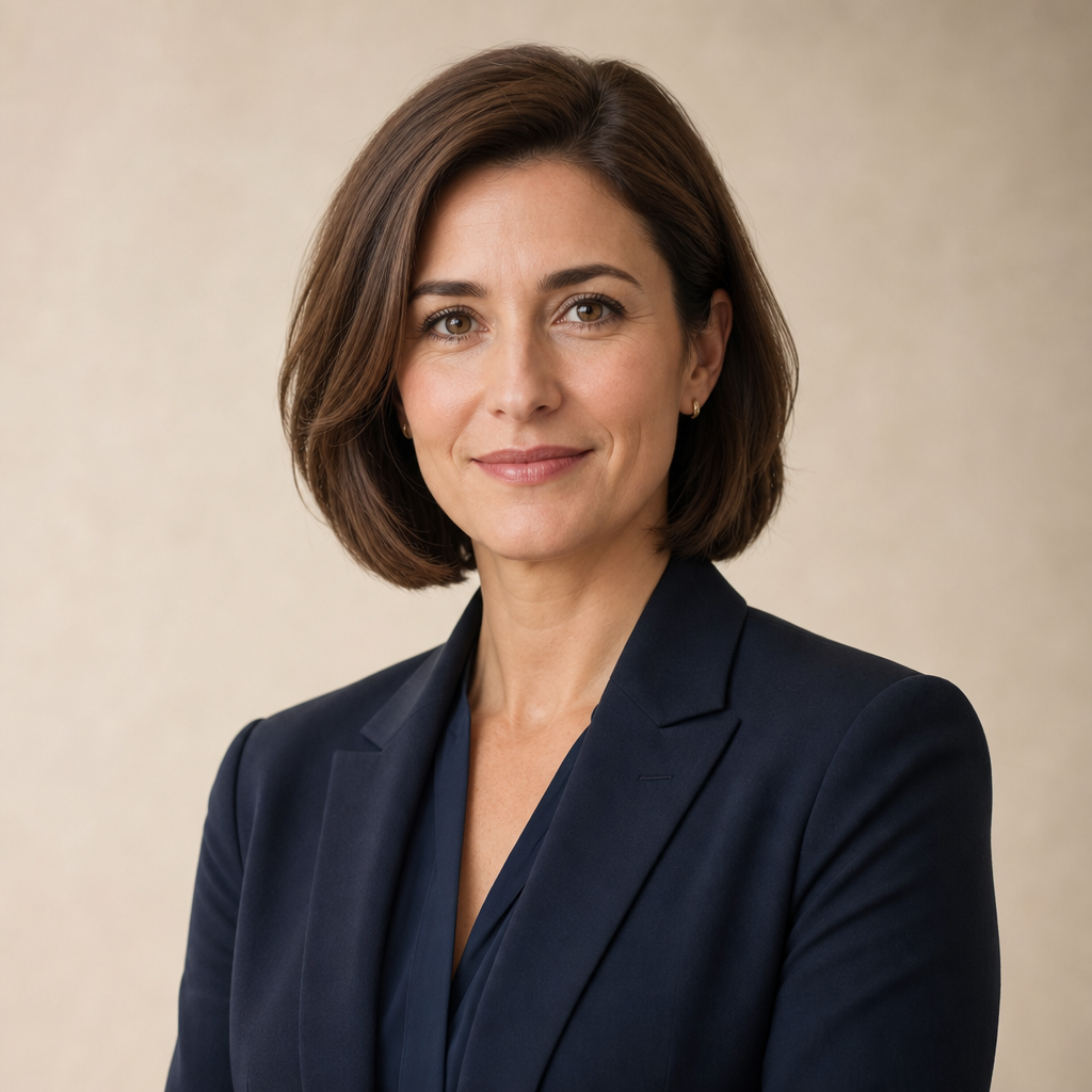 Portrait professionnel de Jeanne Fournier, avocate en tenue sobre