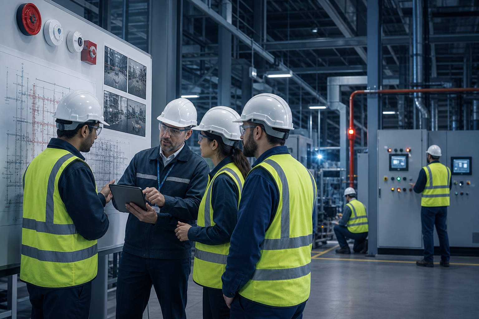 Professional industrial operations scene with engineers reviewing planning boards while coordinating active site work in a modern facility