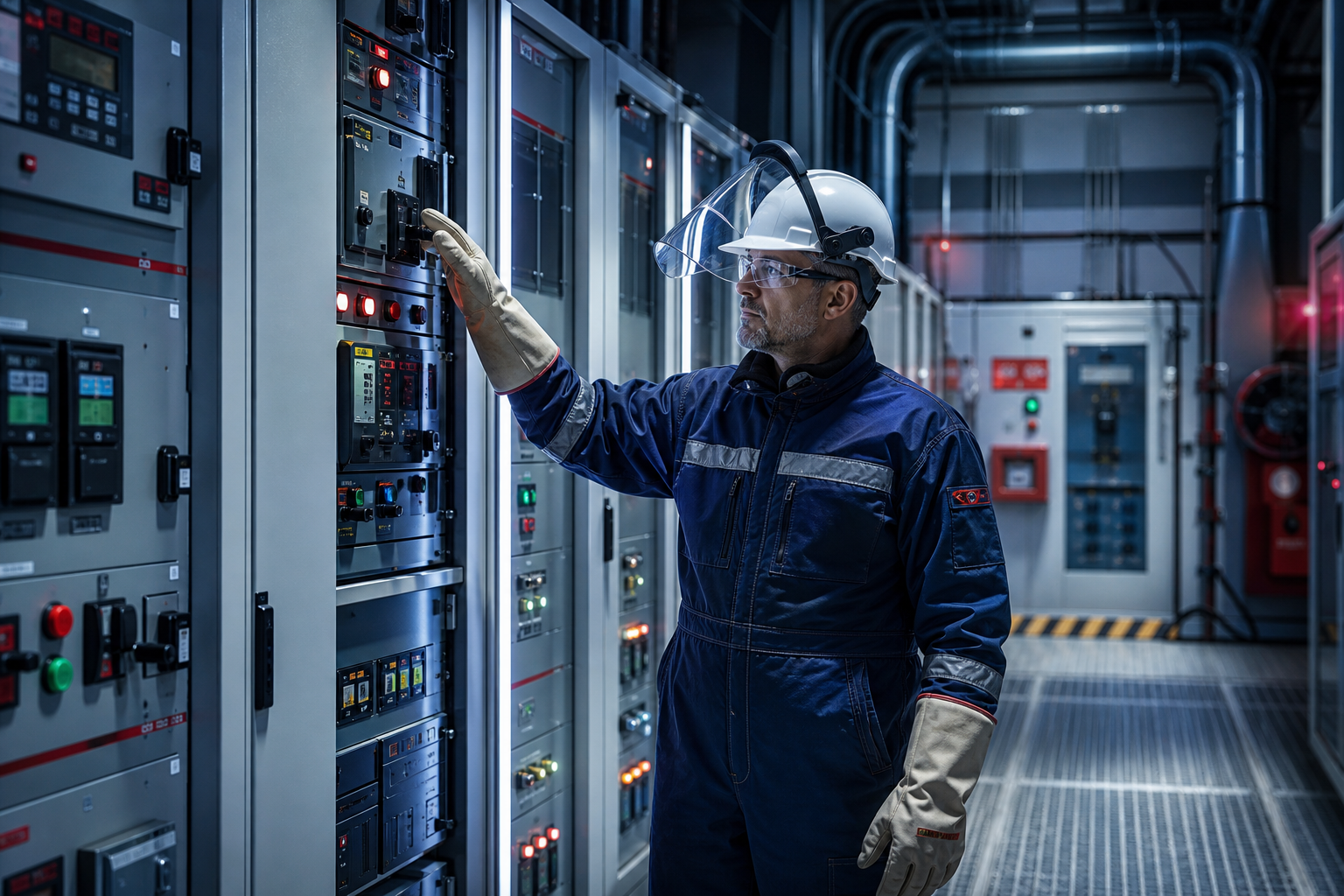 Senior electrical technician in flame-resistant PPE inspecting a large industrial control room with illuminated PLC and MCC panels