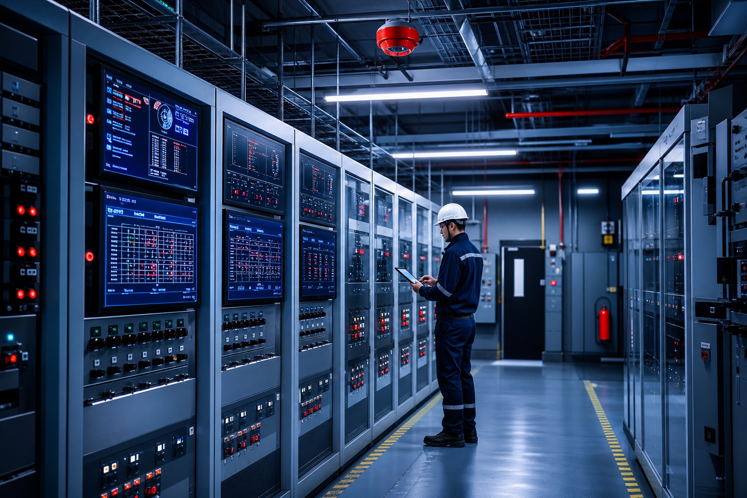 Industrial electrical control room with blue-lit switchgear panels and an engineer reviewing diagnostics