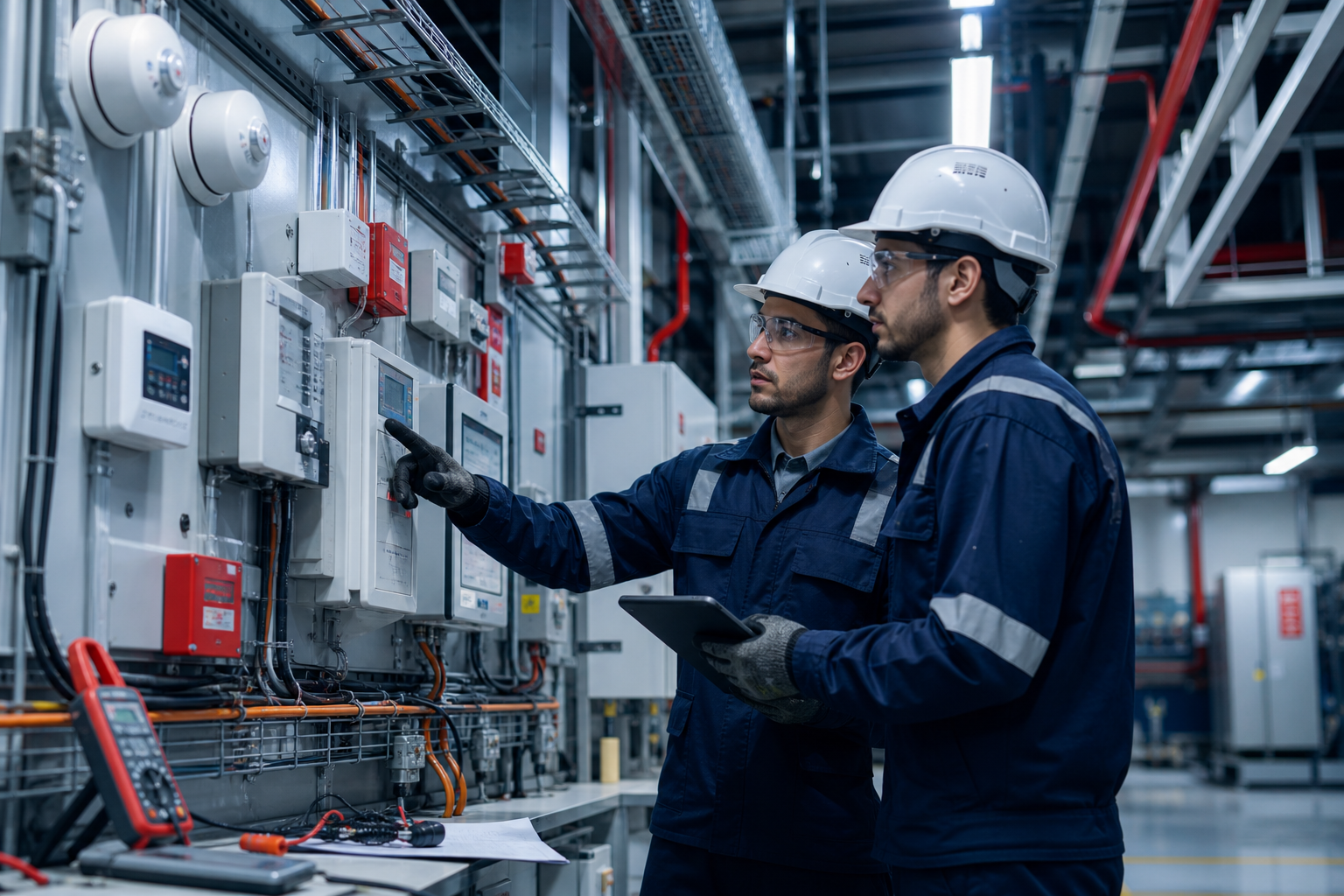 Photorealistic industrial electrical team inspecting control panels and cable trays inside a modern processing facility