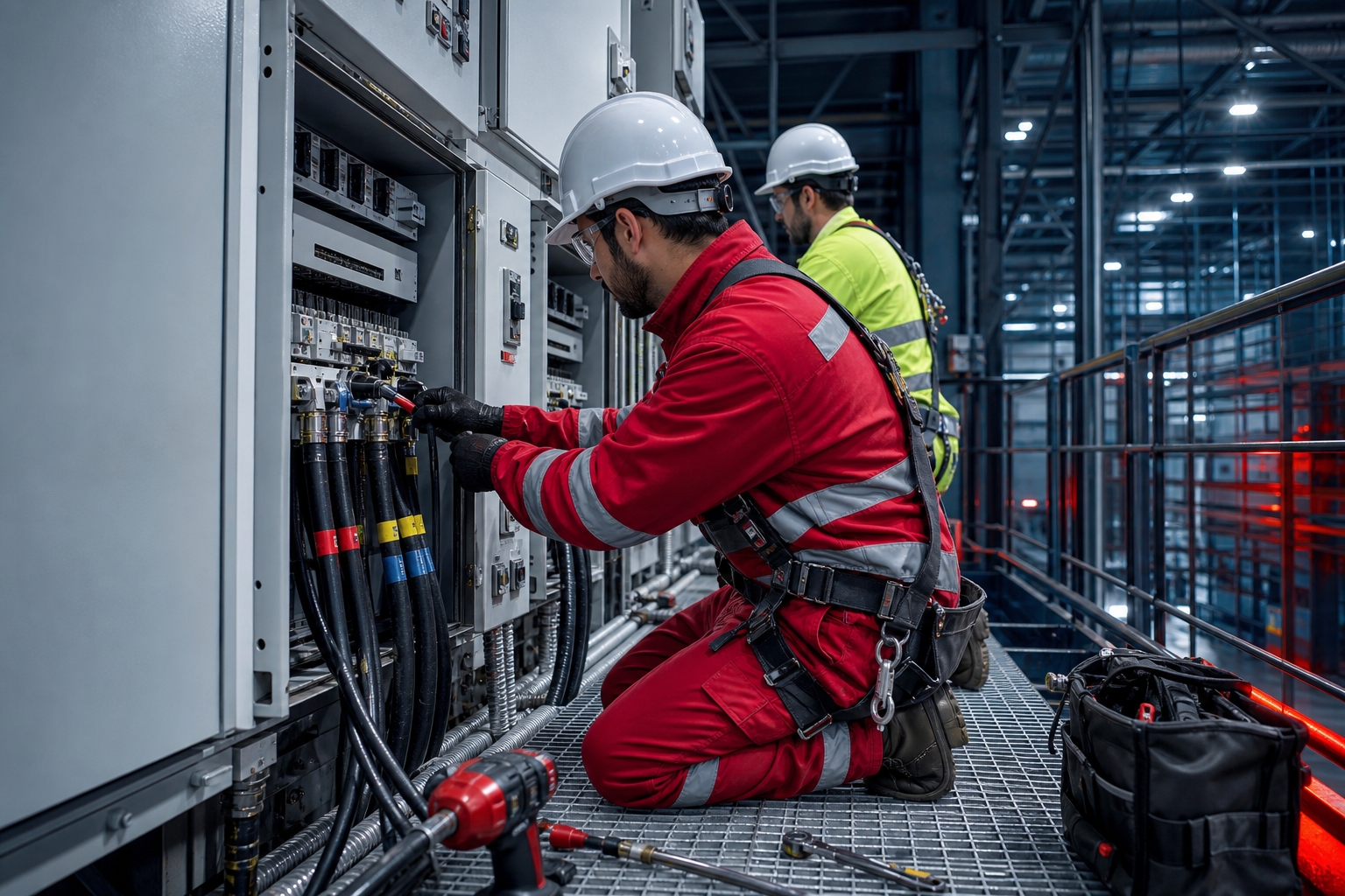Industrial electricians in hard hats and protective gloves installing switchgear and terminating armored cables on a plant construction platform