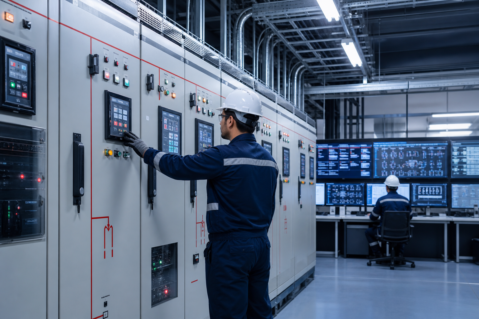 industrial electrical control room with engineers monitoring switchgear and digital diagnostic panels