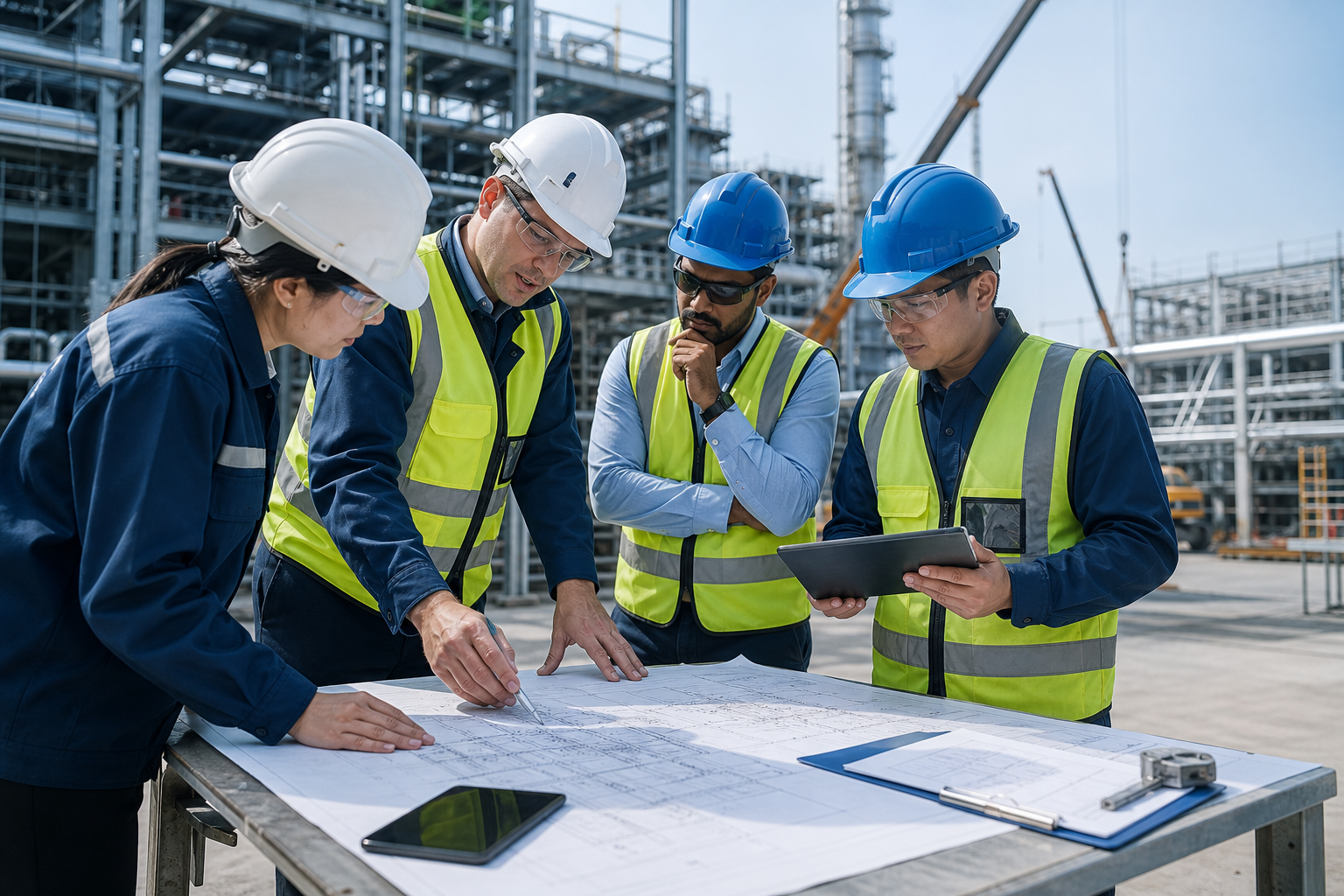 EPC planning and site coordination team reviewing industrial drawings near a live project area
