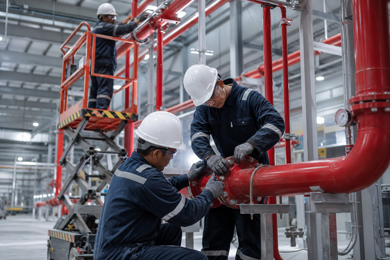 industrial firefighting installation crew assembling red fire suppression piping on a high-ceiling facility floor