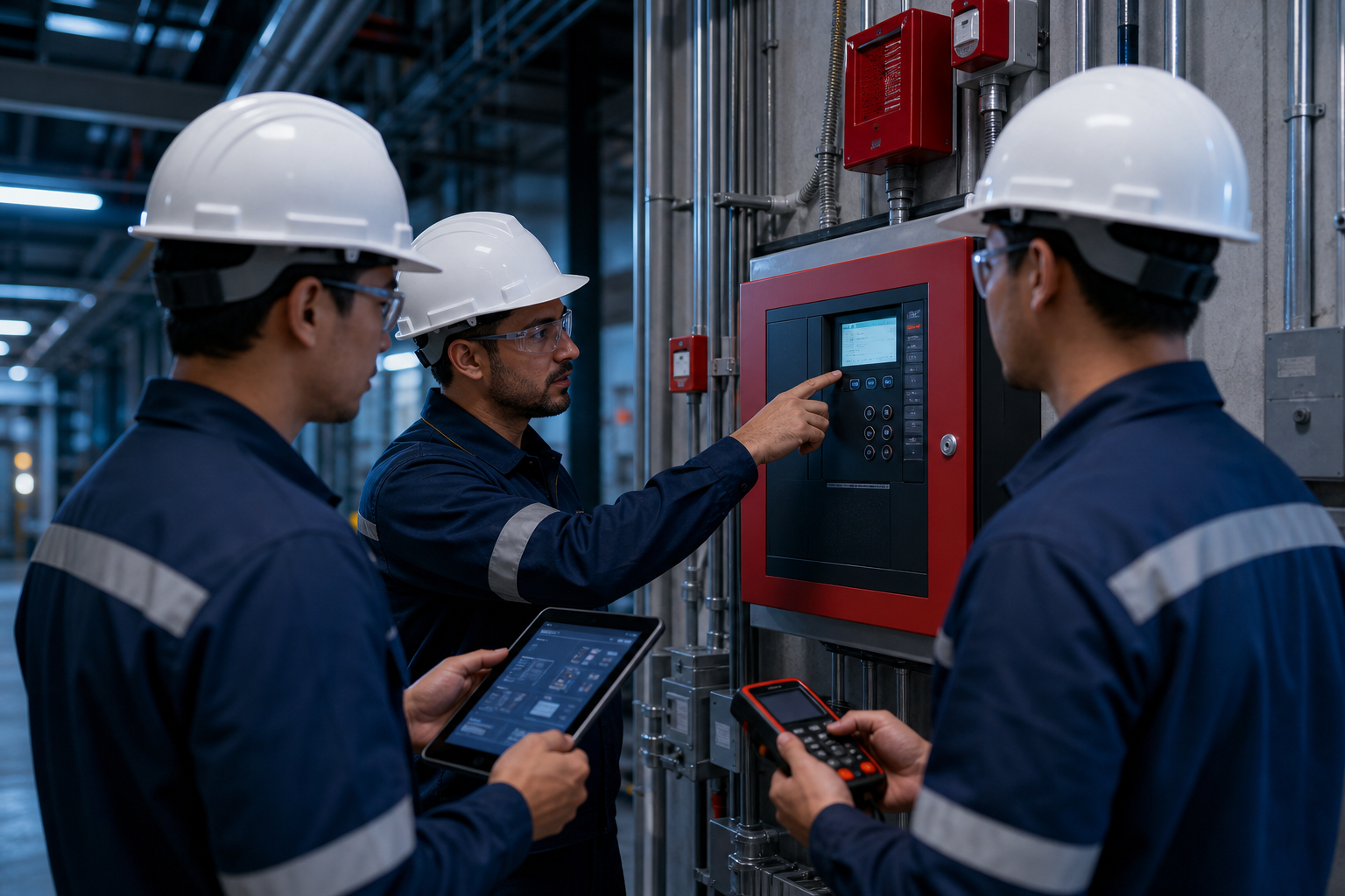 Commissioning engineers testing a digital fire alarm control panel with industrial cable trays and safety gear