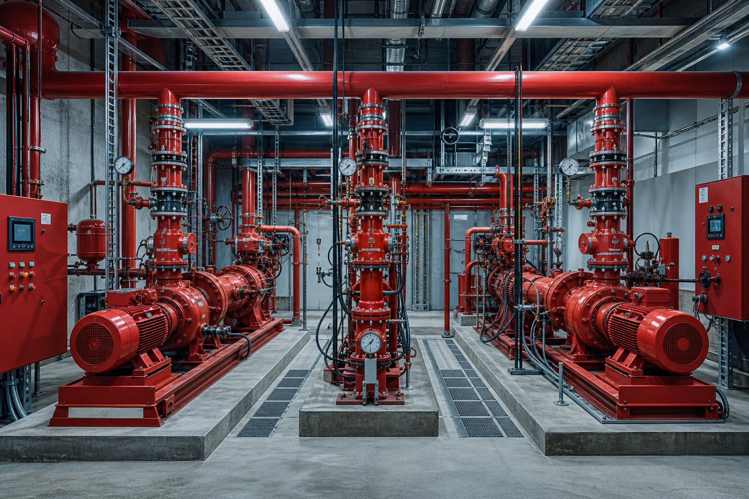 Industrial fire pump room with red pump assemblies, valve banks, and control gauges under bright service lighting