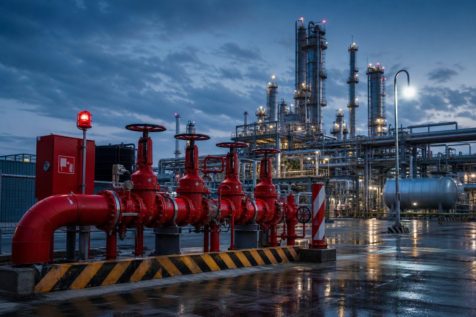 Red industrial hydrant manifold and above-ground piping installed beside a refinery process unit at dusk