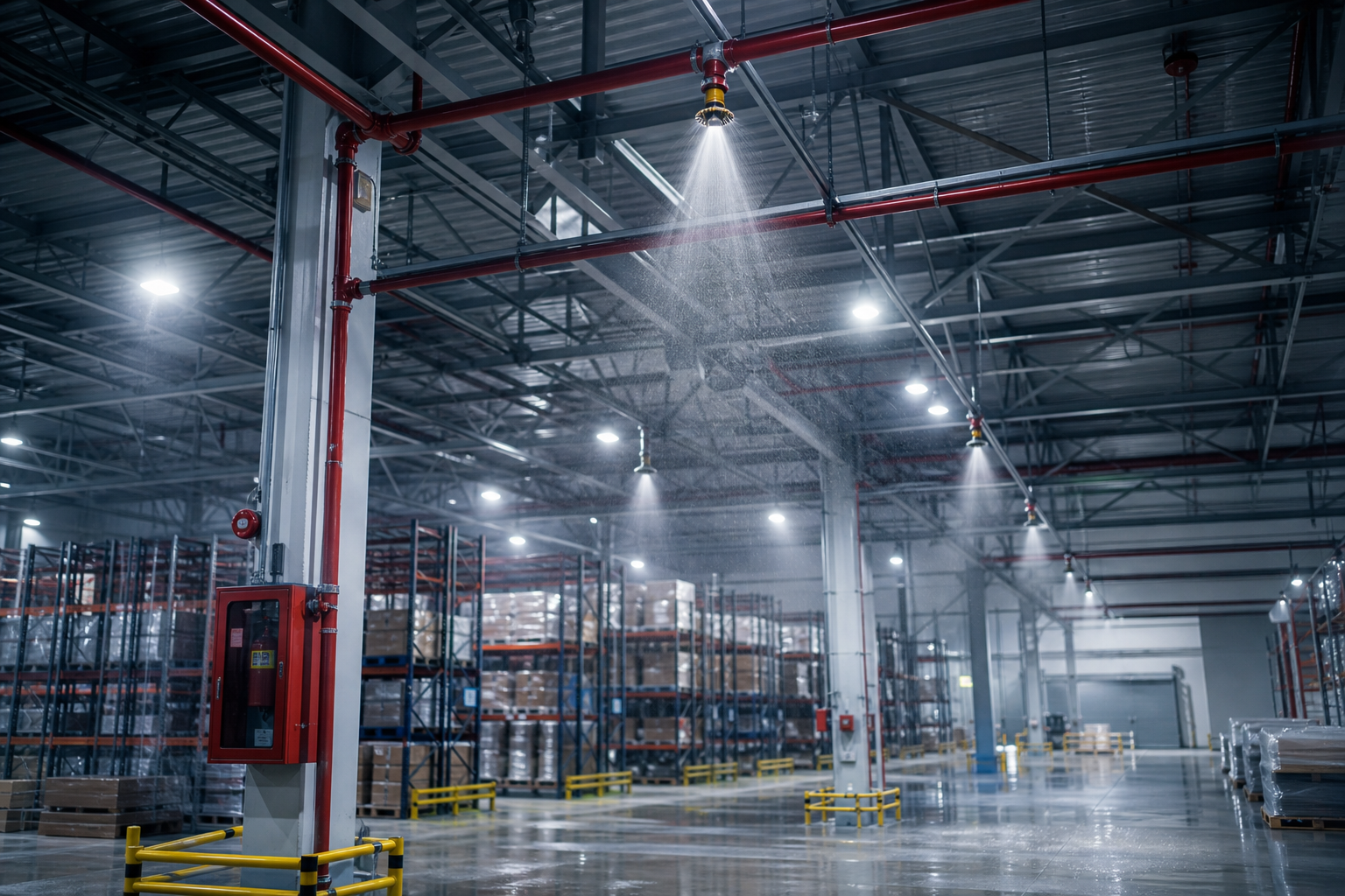 Ceiling-mounted sprinkler grid with mist activation test inside a modern logistics warehouse