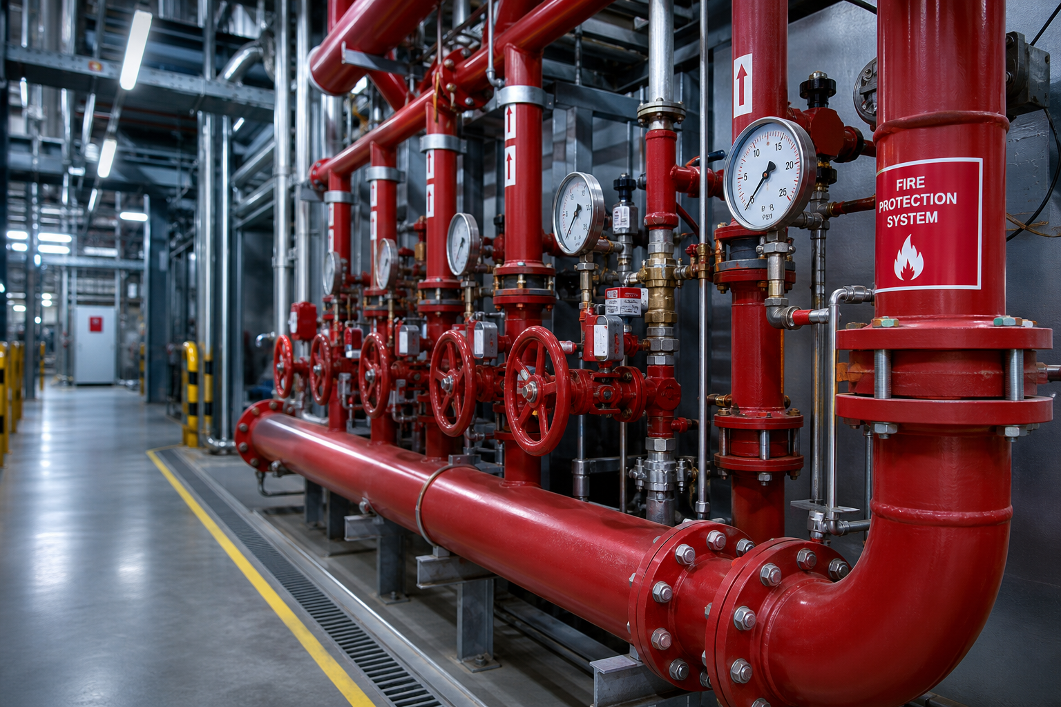 Red industrial fire suppression manifold with gauges, valves, and safety piping inside a plant corridor