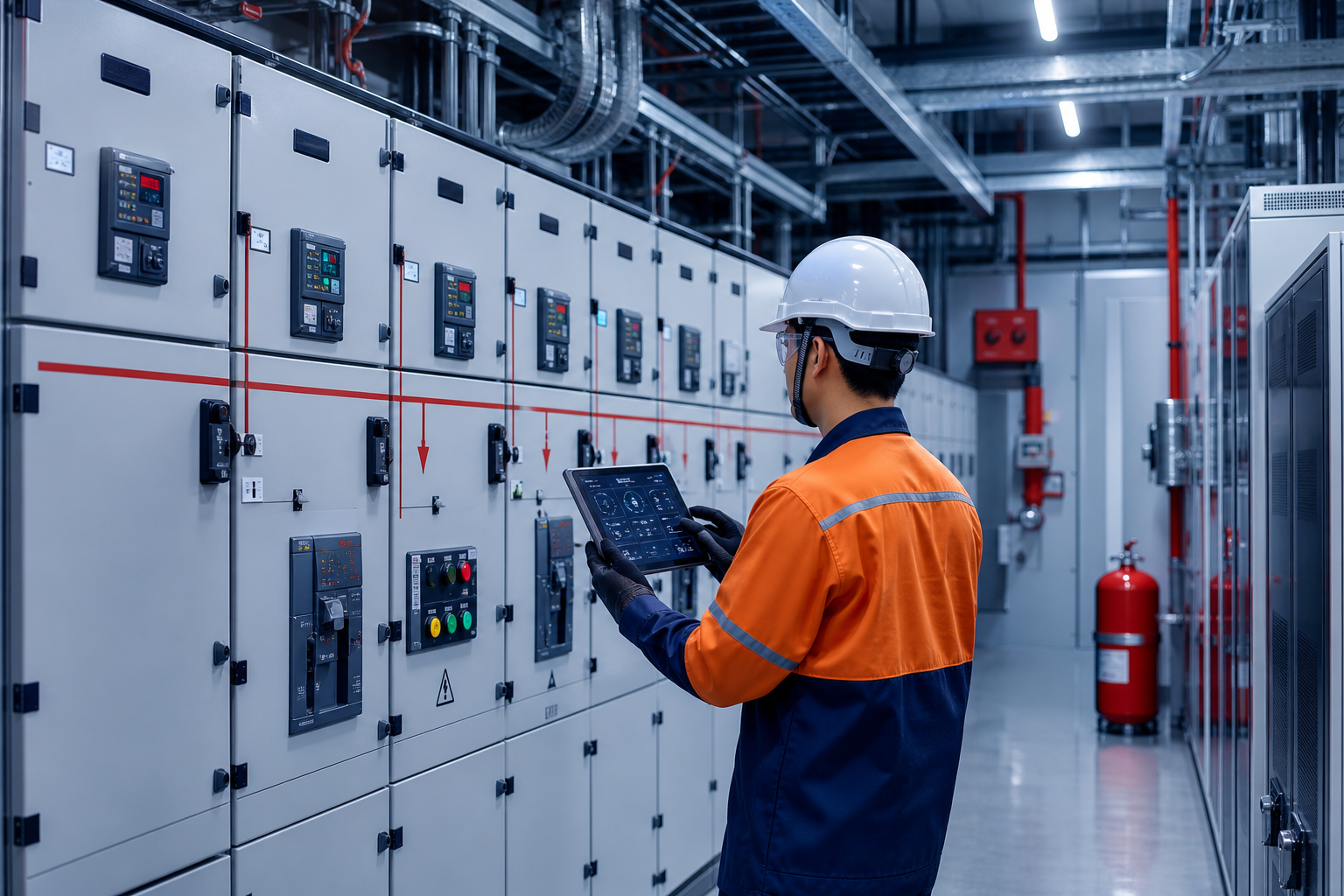 Electrical engineers in full PPE inspecting high-voltage switchgear panels and cable trays inside a modern industrial substation