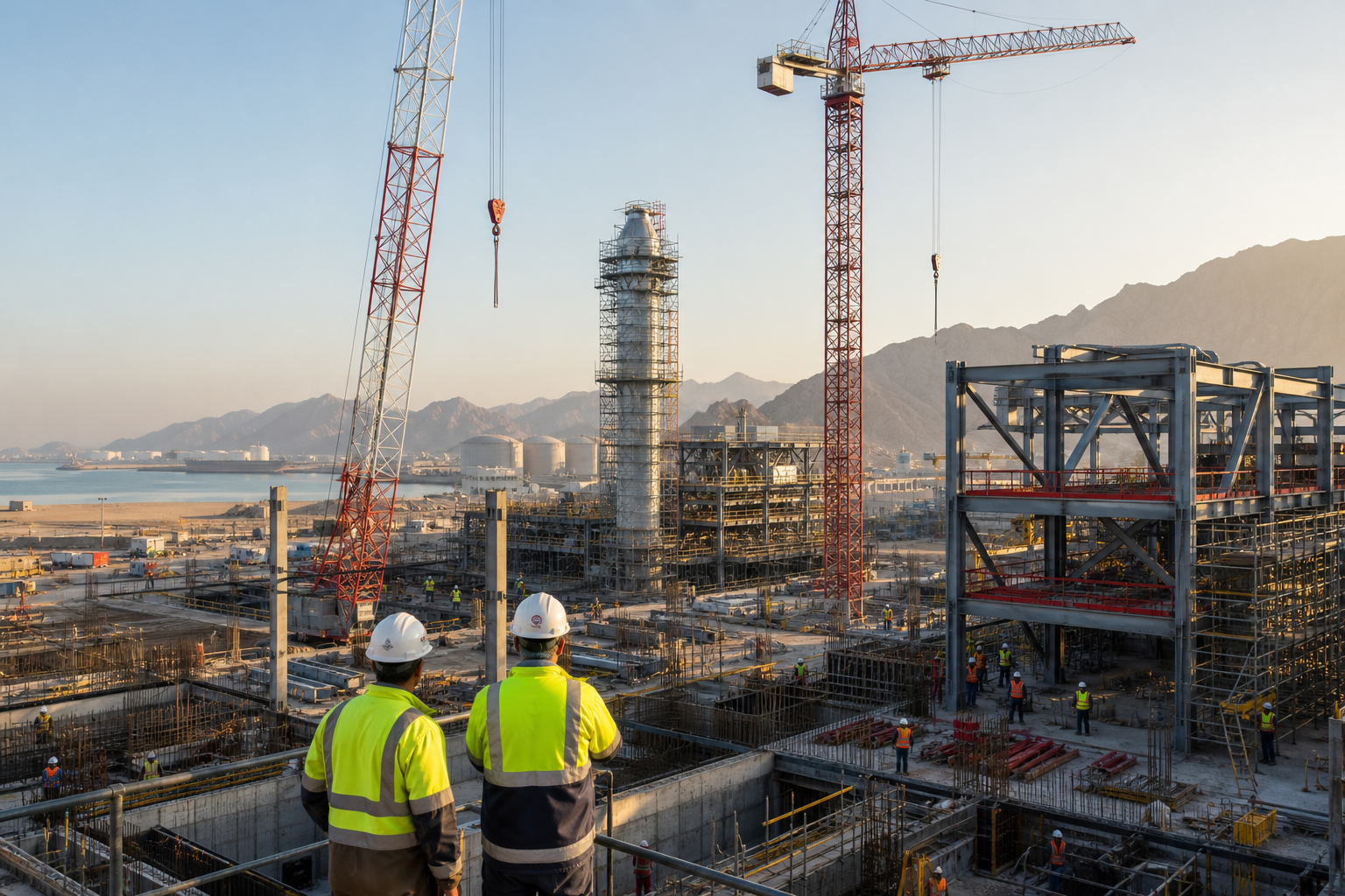 Large EPC construction site in Oman with tower cranes, steel structures, and active industrial groundwork at sunrise