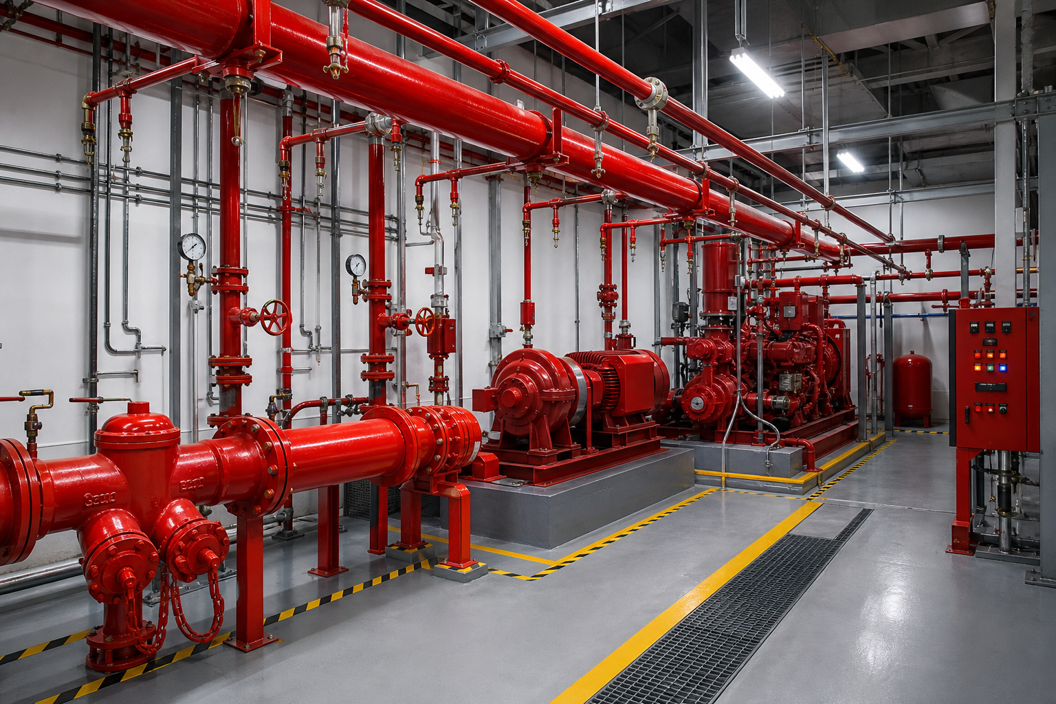 Industrial fire fighting infrastructure featuring red hydrant lines, sprinkler headers, fire pump room equipment, and control valves