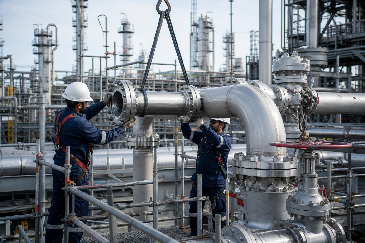 Mechanical installation scene with heavy-duty piping manifolds, flange alignment work, and scaffolding in a refinery process unit
