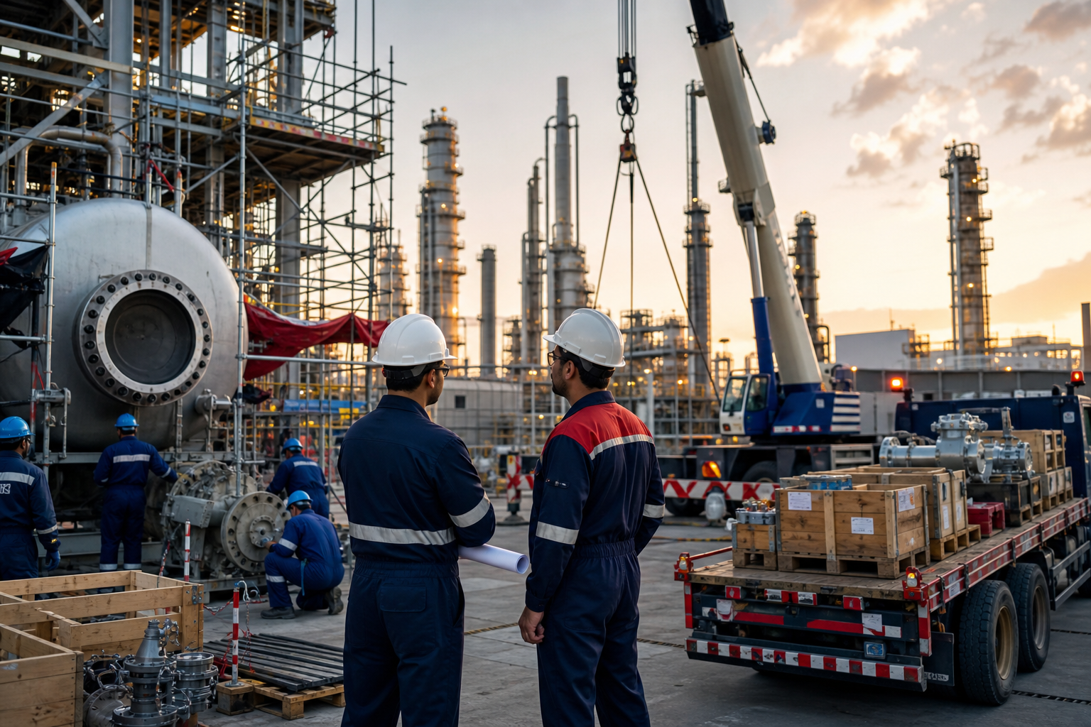Plant shutdown and turnaround coordination with supervisors, mobile lifting equipment, logistics trucks, and maintenance teams in GCC facility
