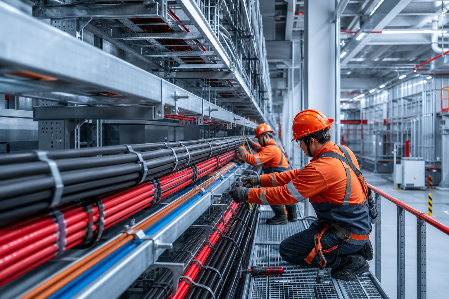 Wide industrial cable tray corridor with color-coded high-voltage cables and technicians routing lines using safety harnesses