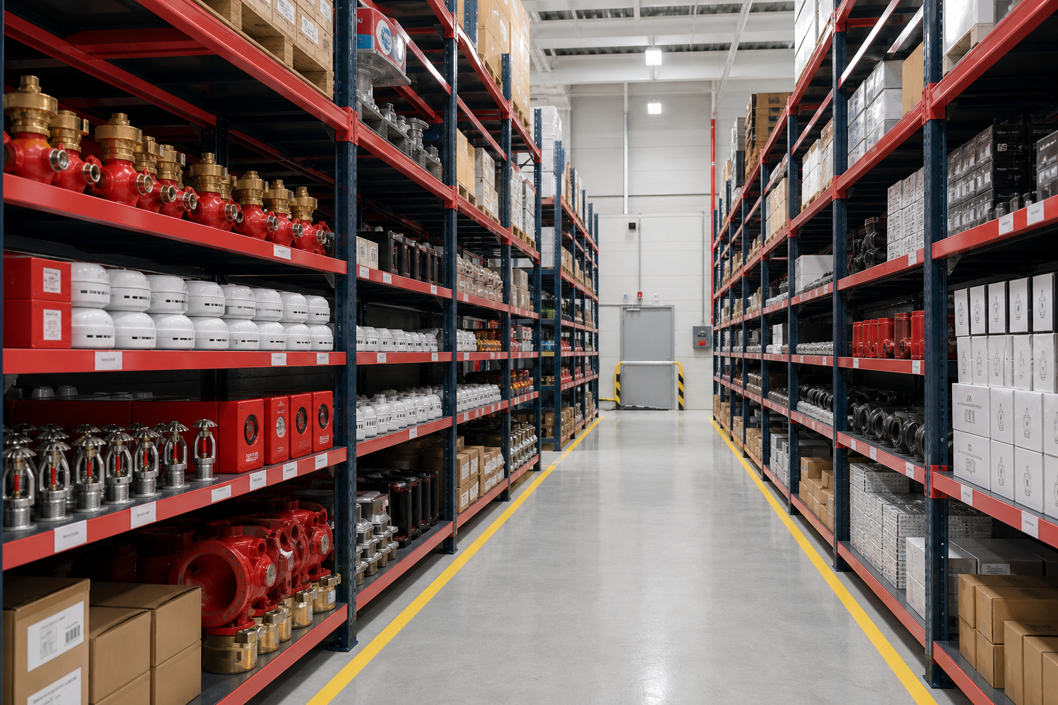 organized warehouse racking with valves, detector components, gaskets, and industrial consumable kits