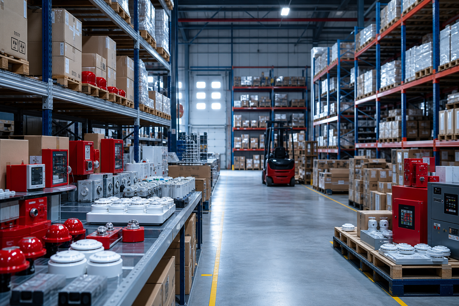 Organized industrial supply warehouse with labeled safety components, pallets, and material handling lanes