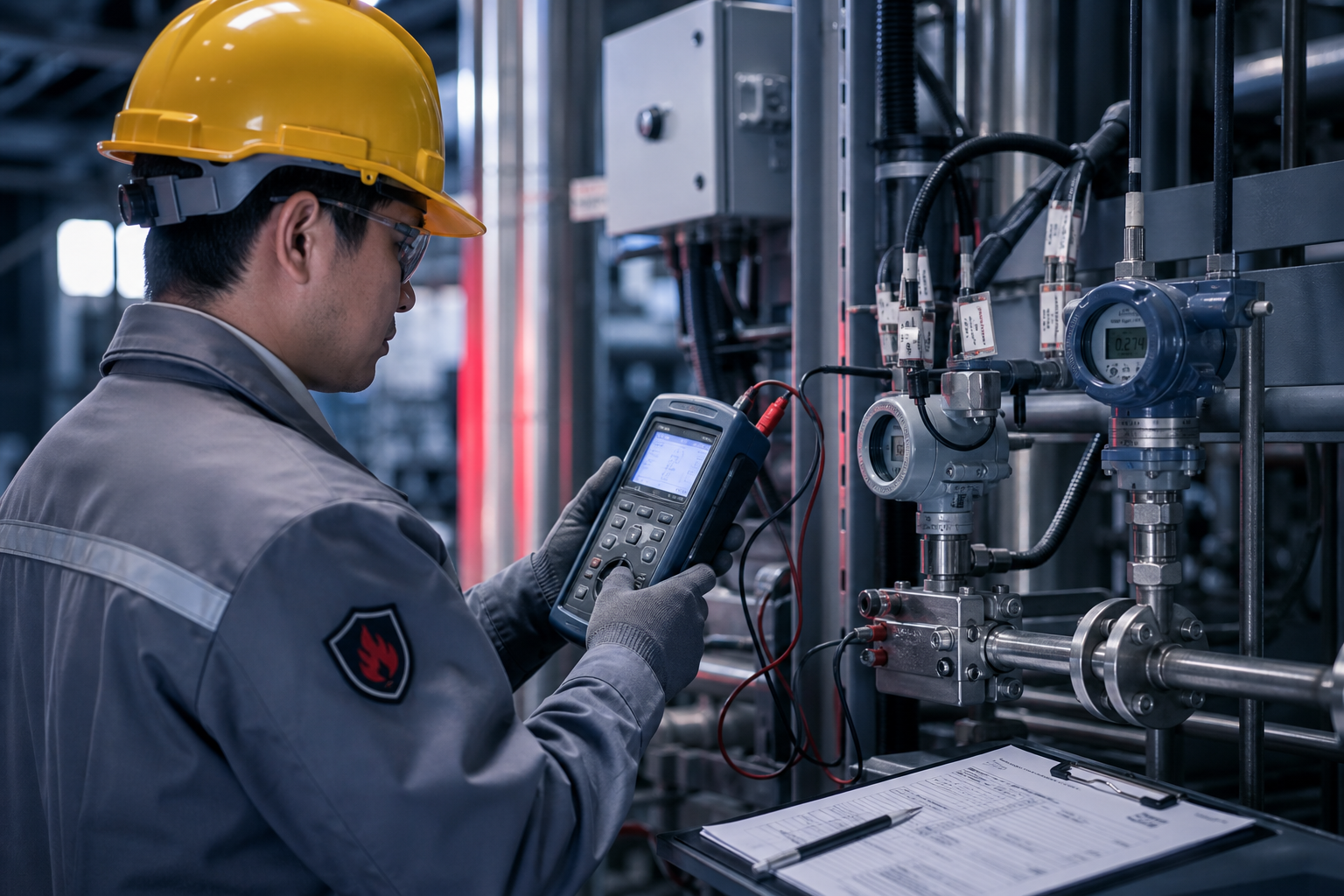 Instrumentation engineer performing loop testing with handheld calibrator beside stainless process lines and sensor junction boxes