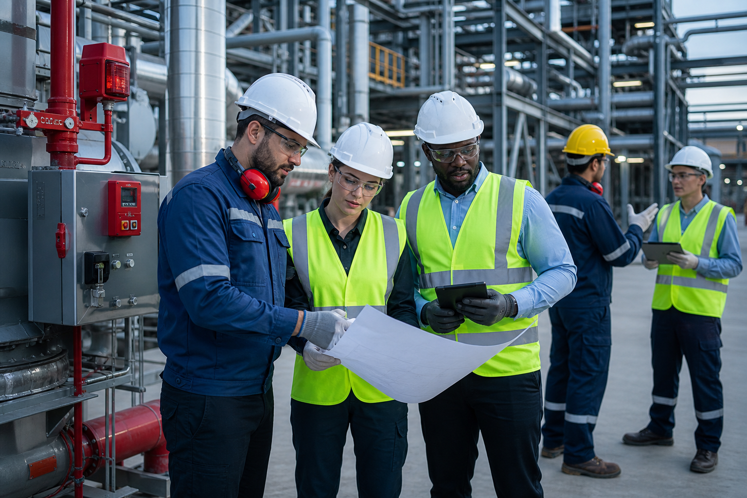 Professional industrial workforce team in PPE coordinating tasks at an active facility