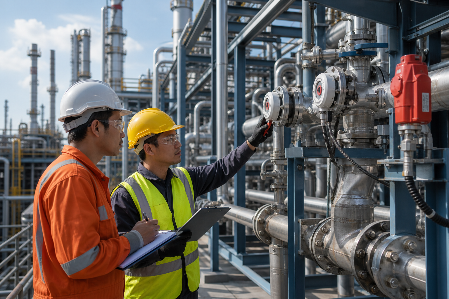 Industrial mechanical installation scene with process pipes, steel supports, control valves, and field technicians working in a refinery plant