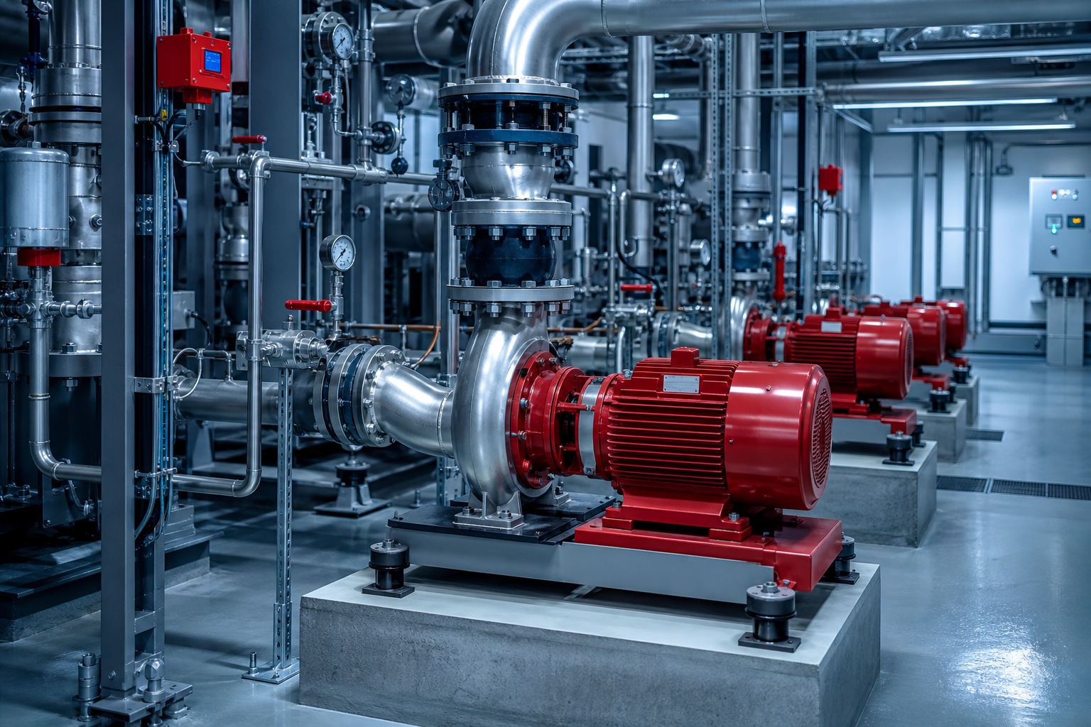 Heavy-duty mechanical pump array with stainless piping and monitoring points in an industrial utility room