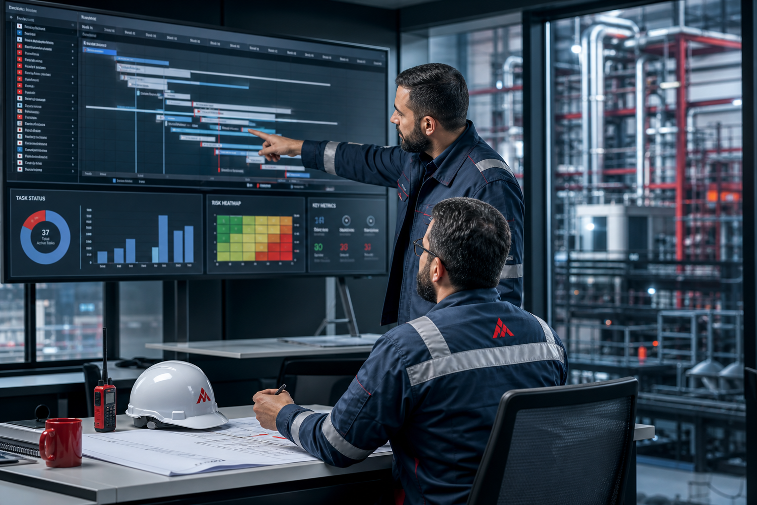 Project controls team reviewing schedule dashboards beside industrial plant operations