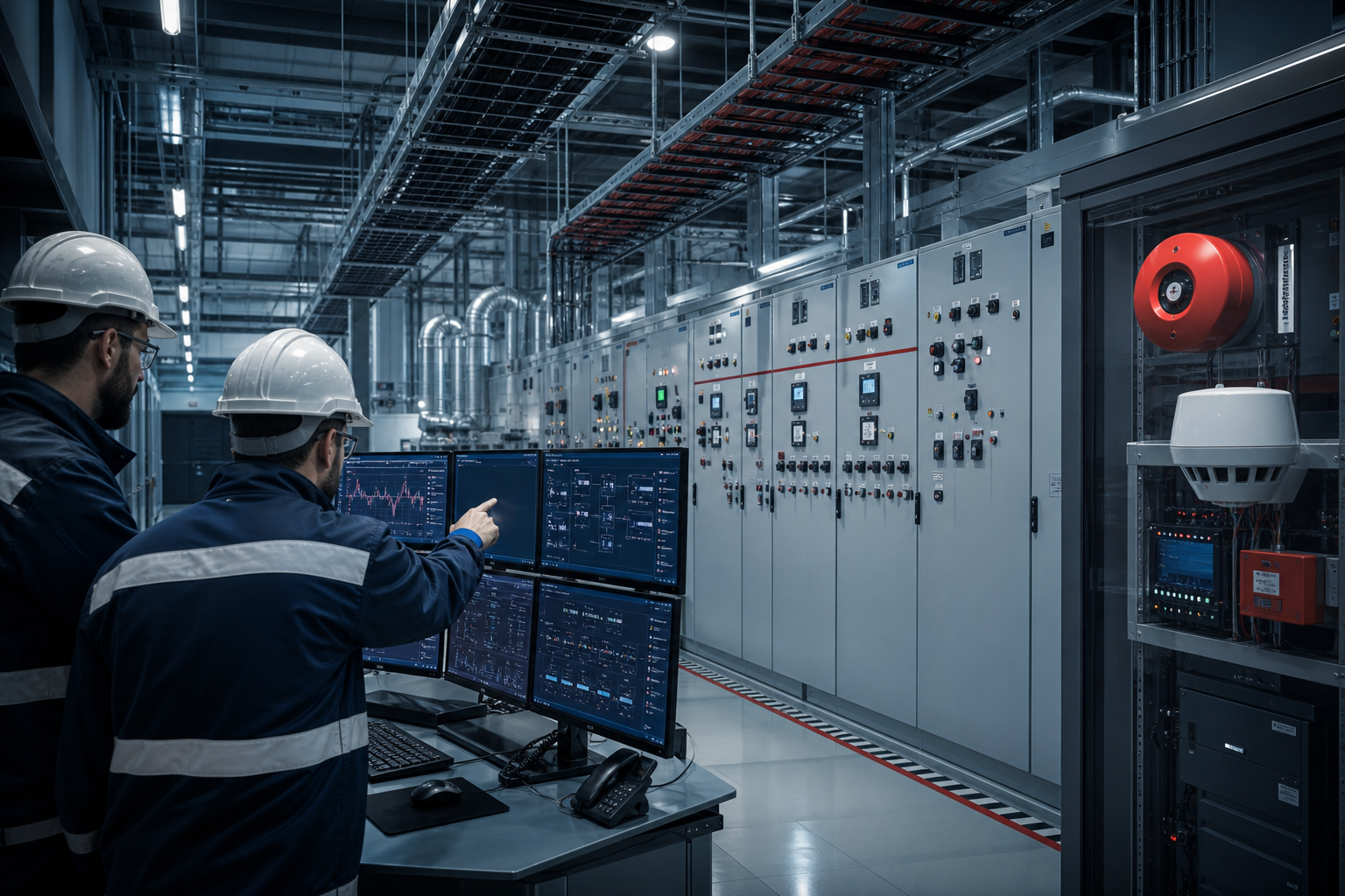 Photorealistic industrial electrical control room with engineers reviewing smart monitoring panels and high-voltage switchgear