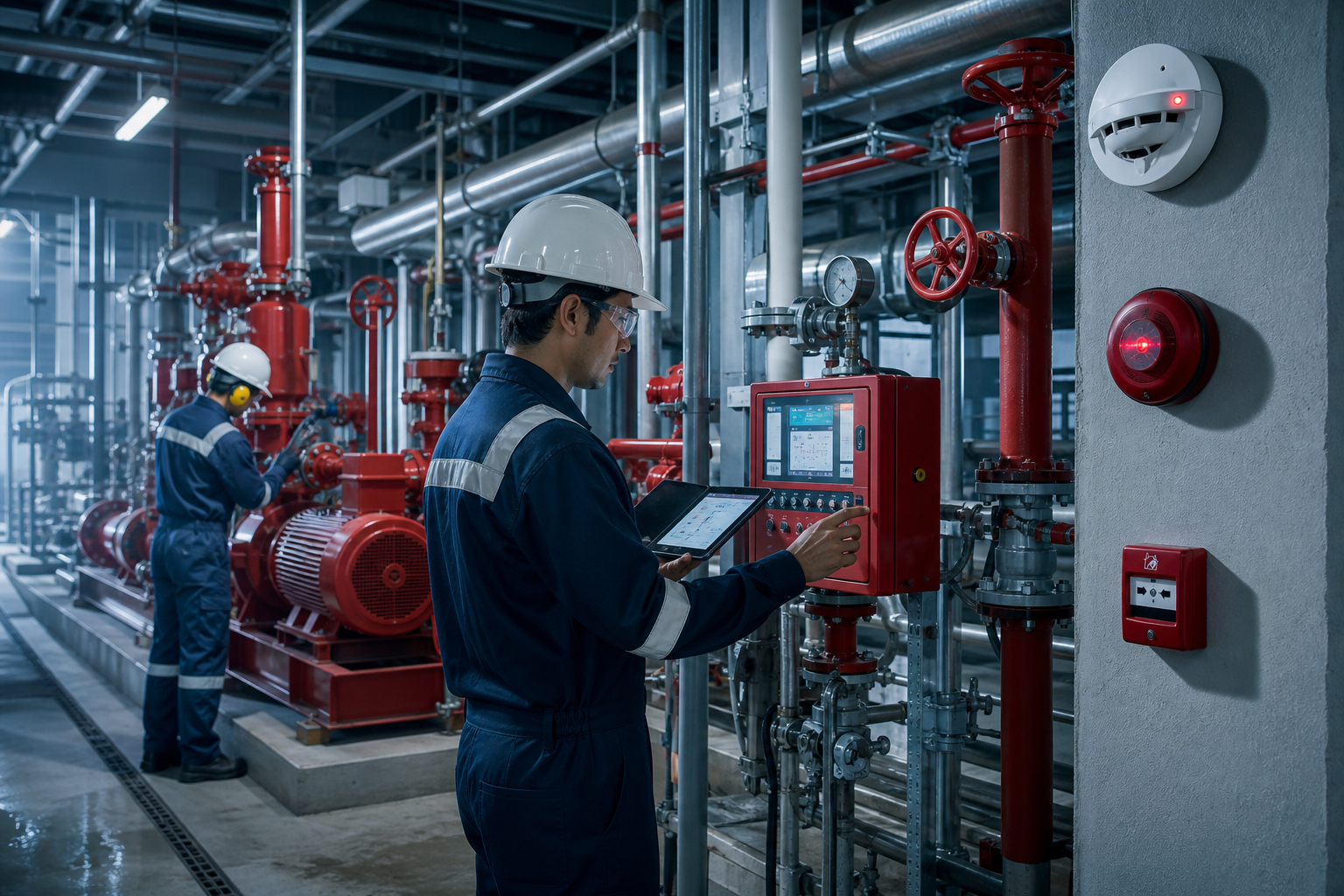 Photorealistic fire safety engineers commissioning industrial fire fighting pumps, valves, and detection interfaces in a plant environment