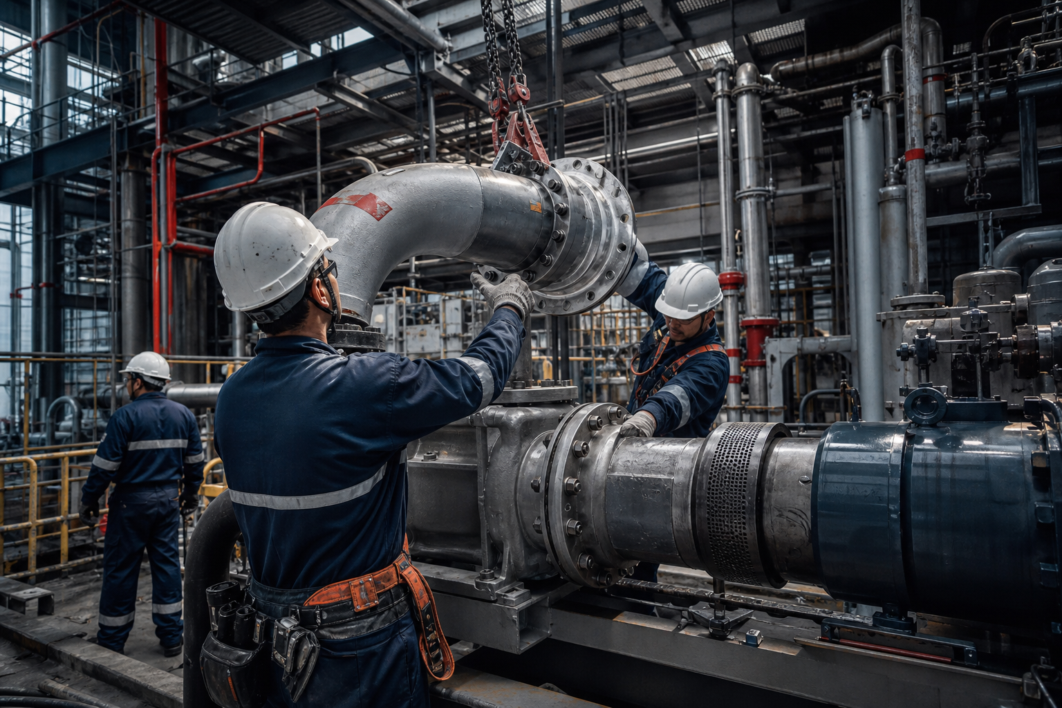 Photorealistic mechanical installation team assembling industrial piping and rotating equipment inside a large process facility